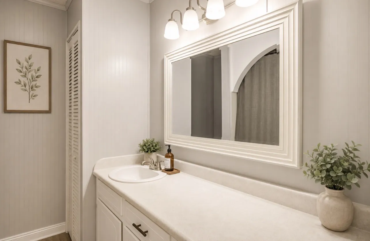 virtually staged. Vanity with integrated sink, white cabinetry, and a large framed mirror