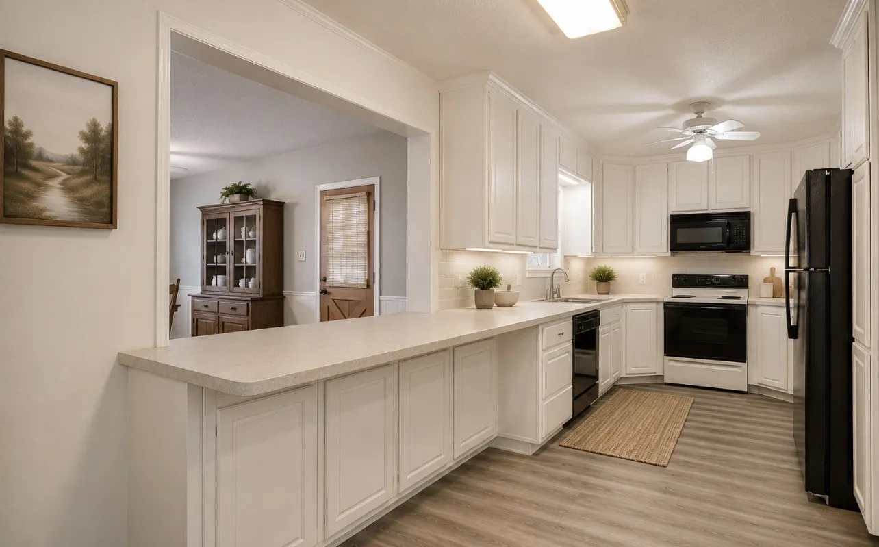 Virtually staged. White cabinetry, light-toned countertops, wood-finish flooring, recessed lighting, and black appliances