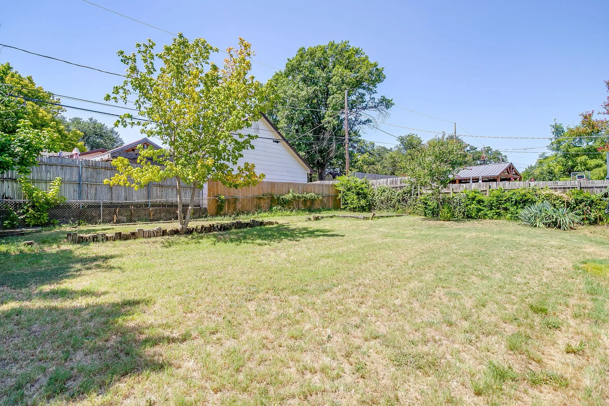 Expansive backyard featuring a central tree with a decorative wood border, a wood fence, and mature perimeter landscaping