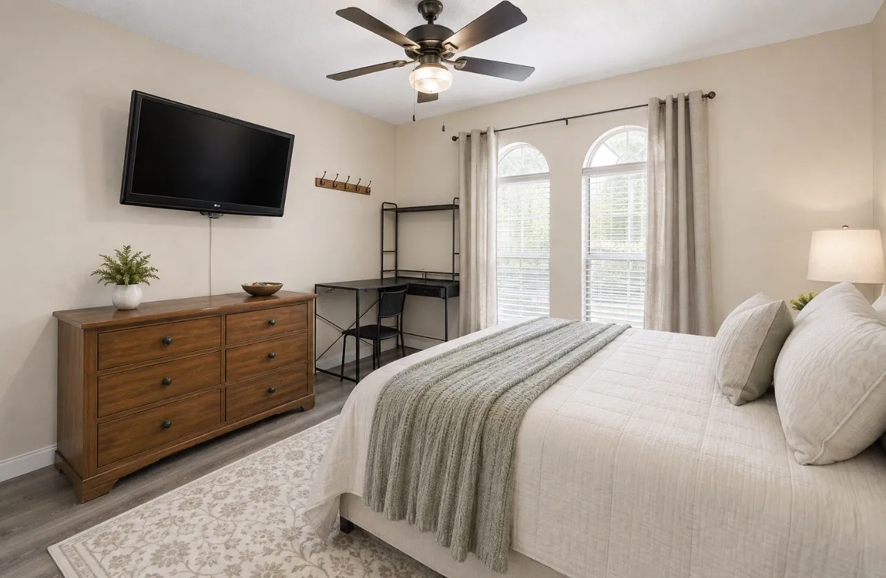Virtually staged. Gray wood-finish flooring with light-colored walls and a ceiling fan
