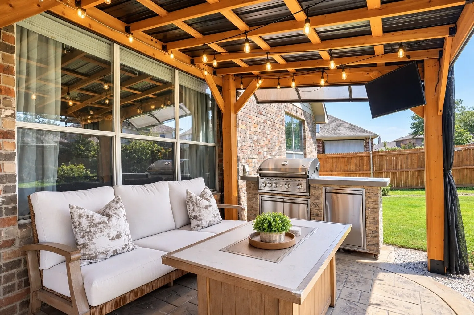 Inviting covered outdoor living area featuring a custom pergola with lighting and mosquito netting, comfortable seating, a fire table, mounted television, and a built-in outdoor kitchen with a grill and refrigerator.