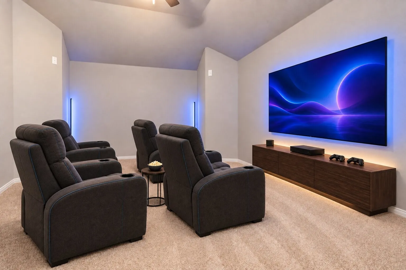 Upstairs media room currently used as a home gym, featuring vaulted ceilings, wall-length mirrors, and a spacious, flexible layout for fitness, movies, or entertainment. Virtually staged; furnishings, electronics, and décor are not included.
