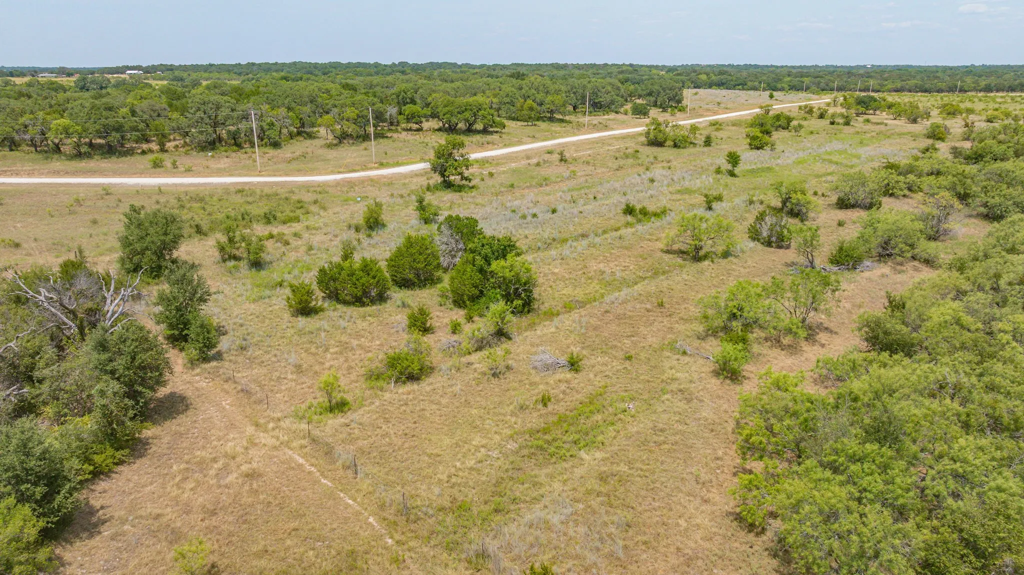 Expansive undeveloped land featuring a gravel road, diverse natural vegetation, scattered trees, and distant tree lines