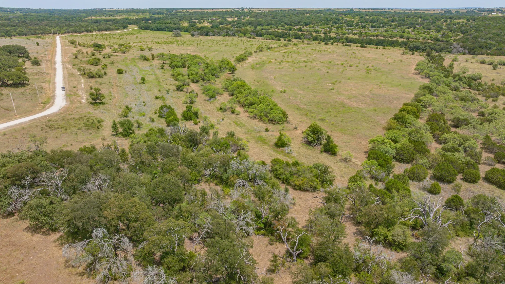 Expansive rural acreage featuring gently rolling terrain with scattered native vegetation and mature trees