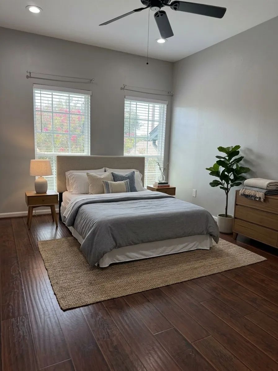Vaulted ceiling featuring recessed lighting and a ceiling fan, two windows with blinds, and rich wood-finish flooring