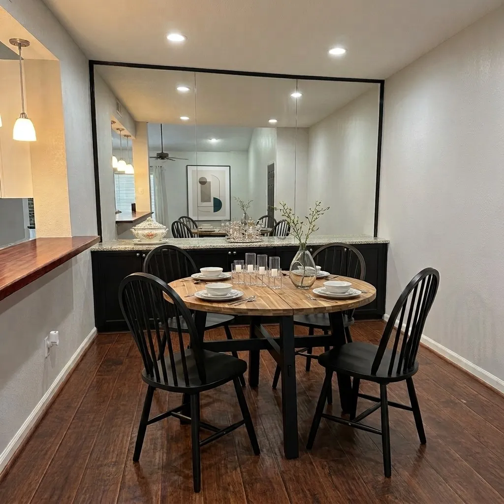 Wood-finish flooring, recessed ceiling lighting, built-in lower cabinetry with a light-toned countertop, and a large wall-mounted mirror