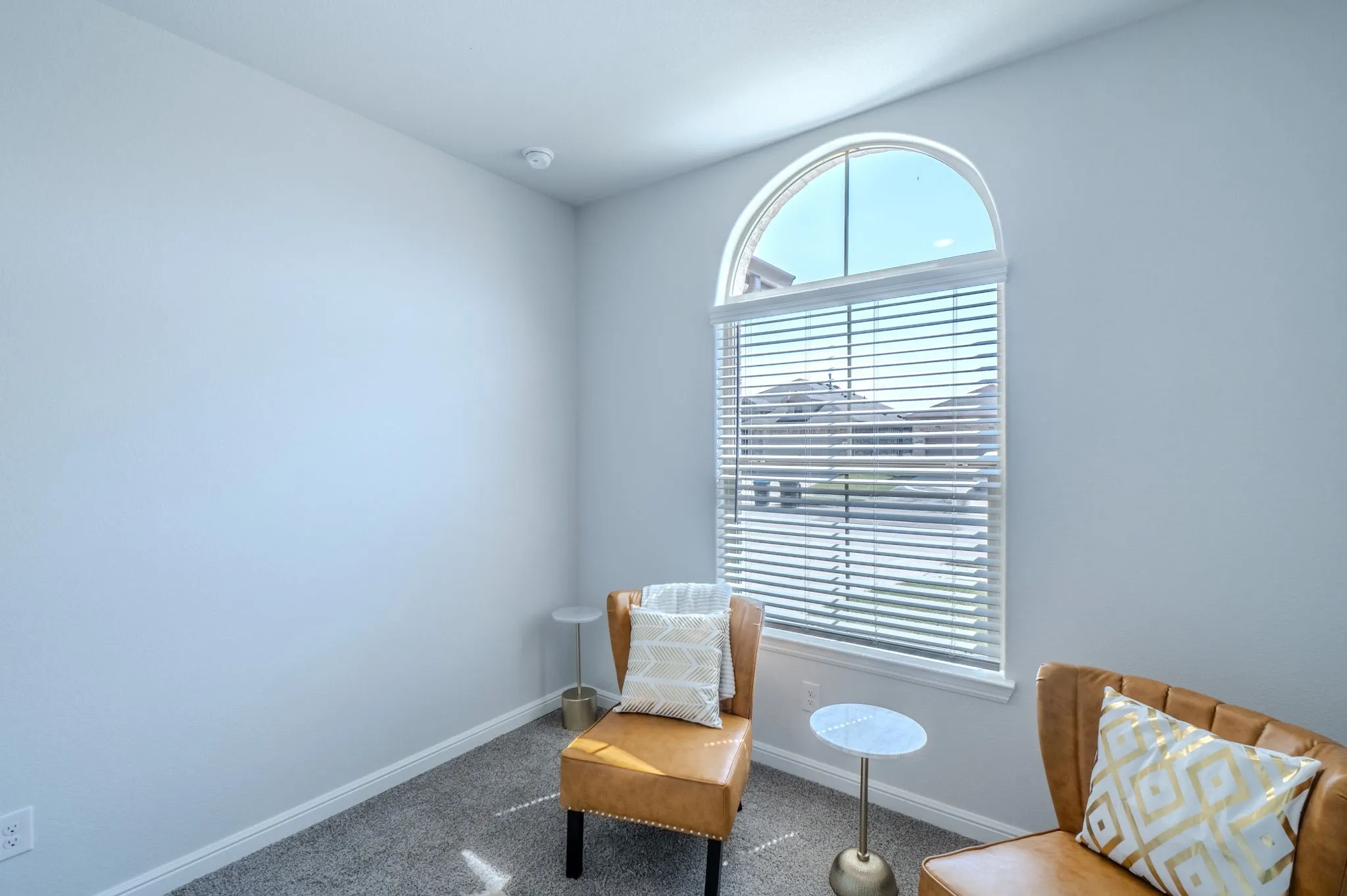Arch-top window with blinds, light gray walls, and gray carpeted flooring