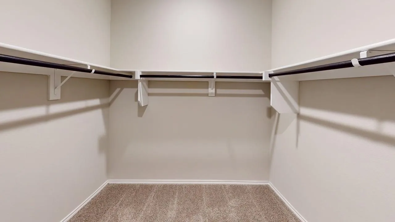 Walk-in closet featuring light beige wall paint, white shelving, black hanging rods, and carpeting