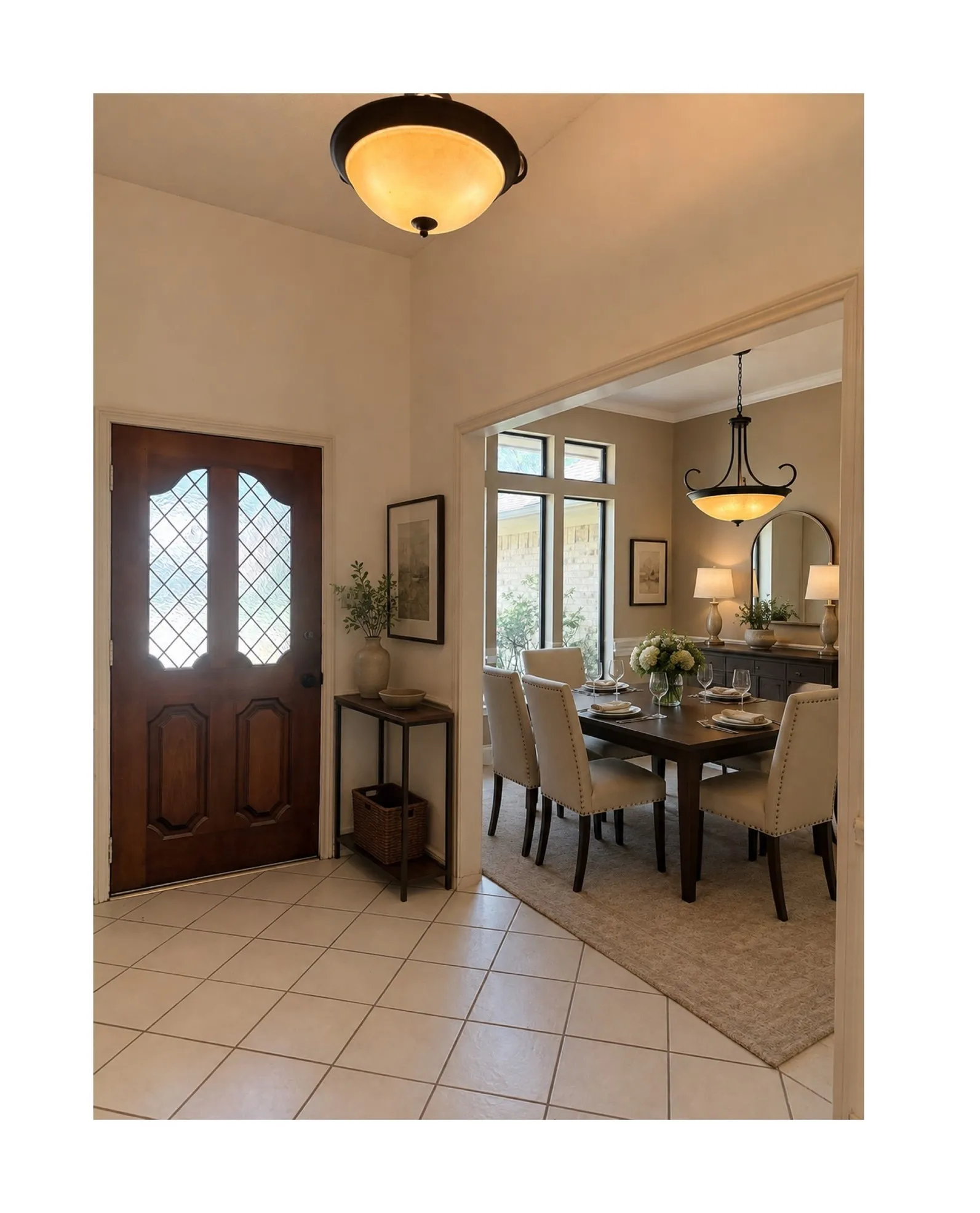 Mahogany entry door with decorative glass, tiled flooring in the entryway, recessed overhead lighting, and an arched doorway opening to an additional room with a chandelier