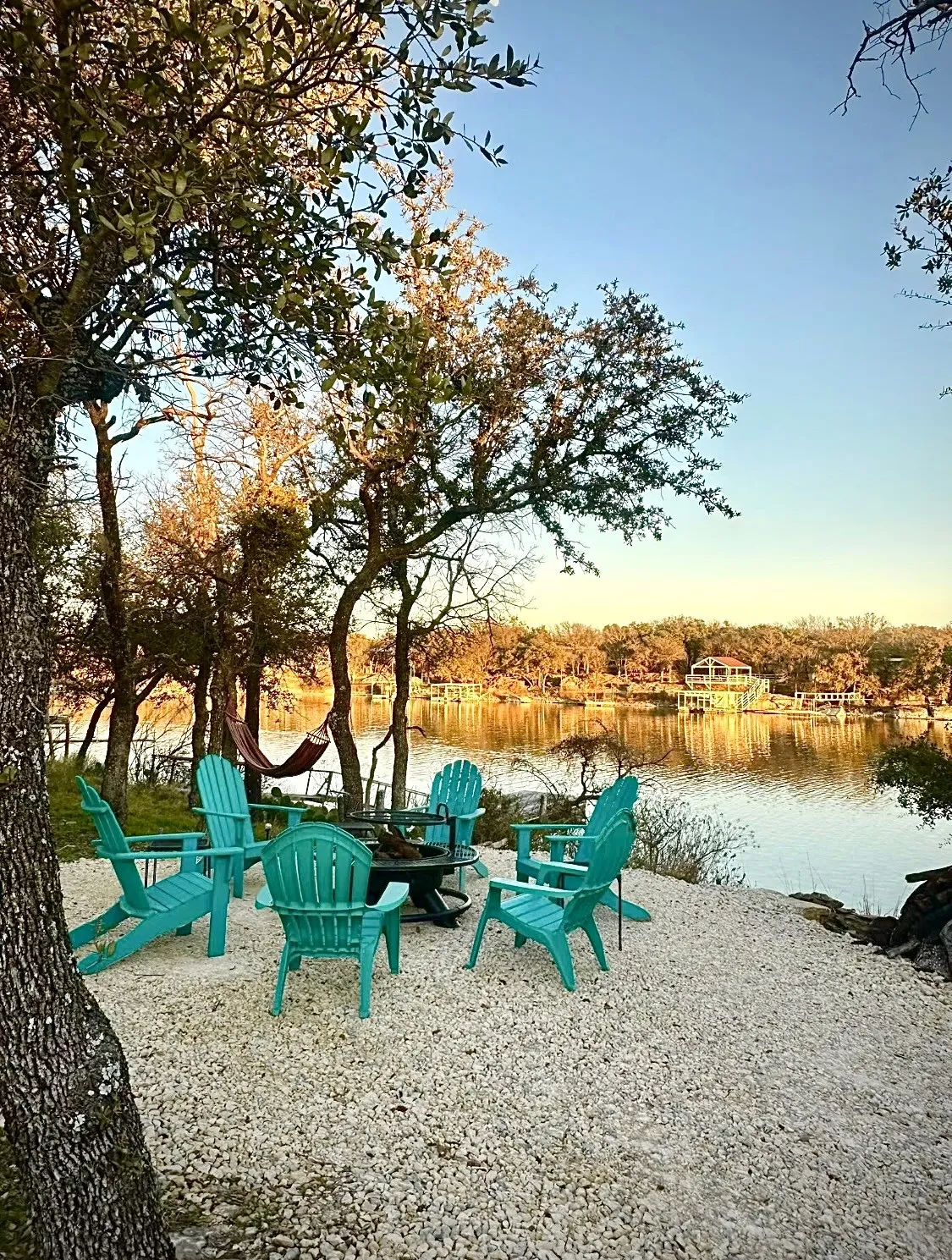 Gather around the lakeside fire pit while enjoying peaceful waterfront views and spectacular sunsets.
