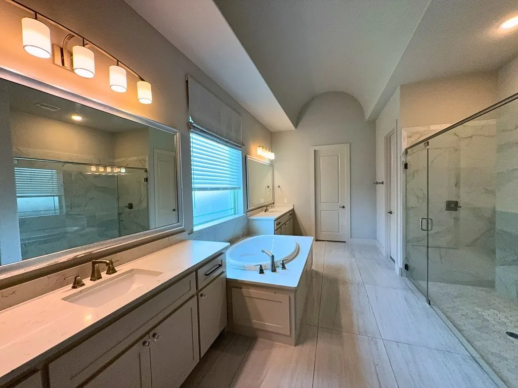 Primary bathroom with walk-in shower and soaking tub