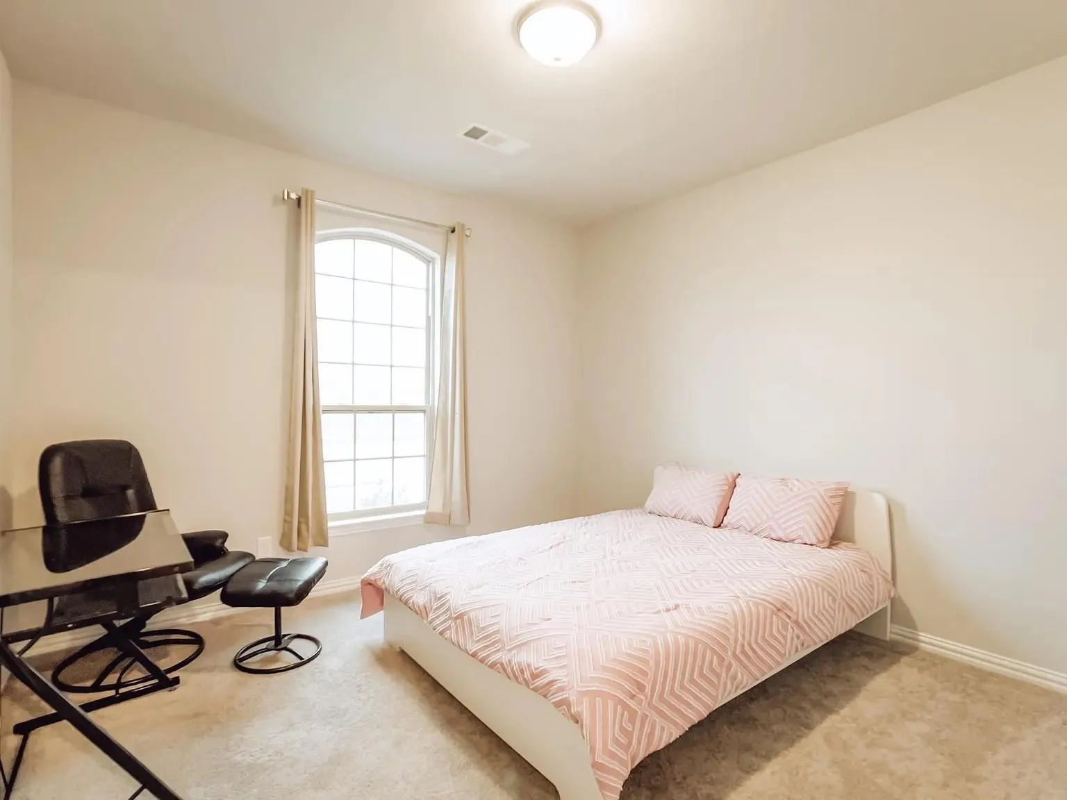 Arched window with gridded panes, flush-mount ceiling light, and neutral carpet flooring