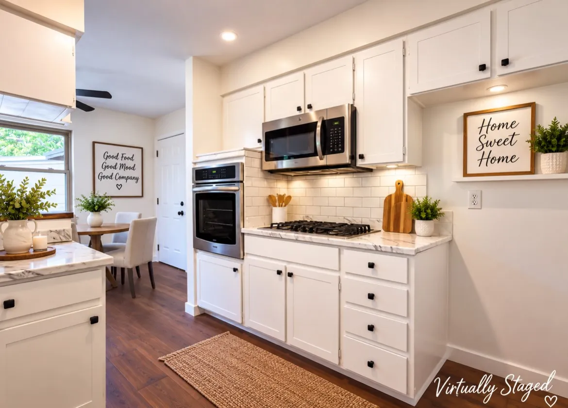 Bright kitchen featuring white cabinetry, stainless steel appliances, wood-finish flooring, white subway tile backsplash, and light-colored countertops