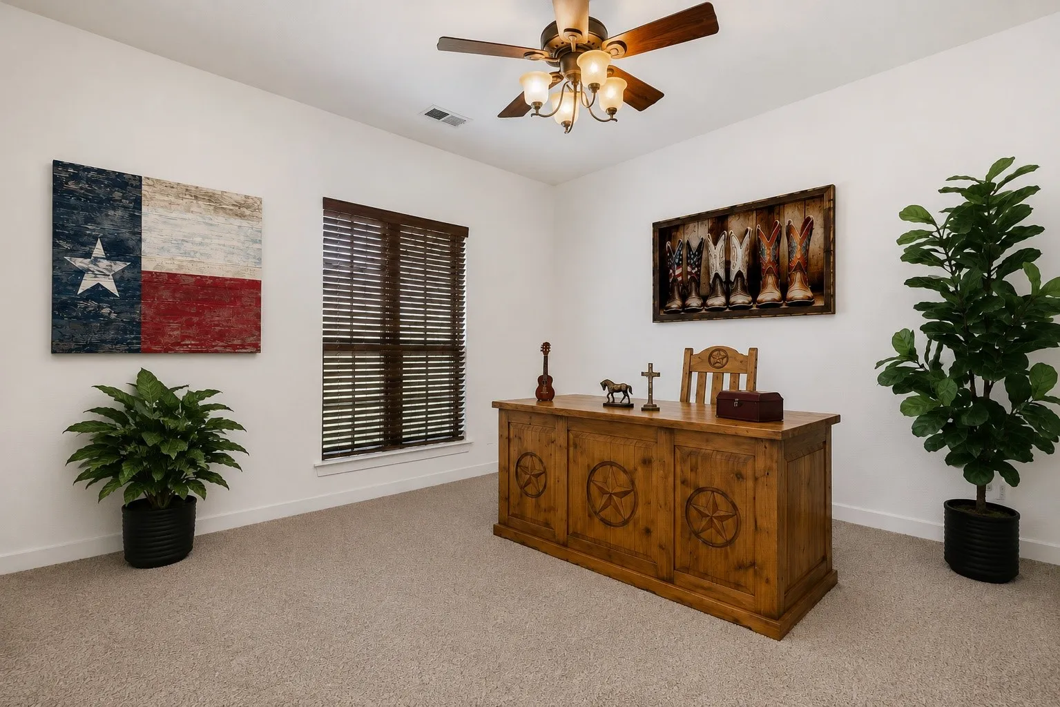 Just off the entry, this versatile space makes an inviting home office or additional sitting room, with natural light, soft carpeting, and graceful arched openings that connect it to the downstairs living areas while providing a sense of separation.
