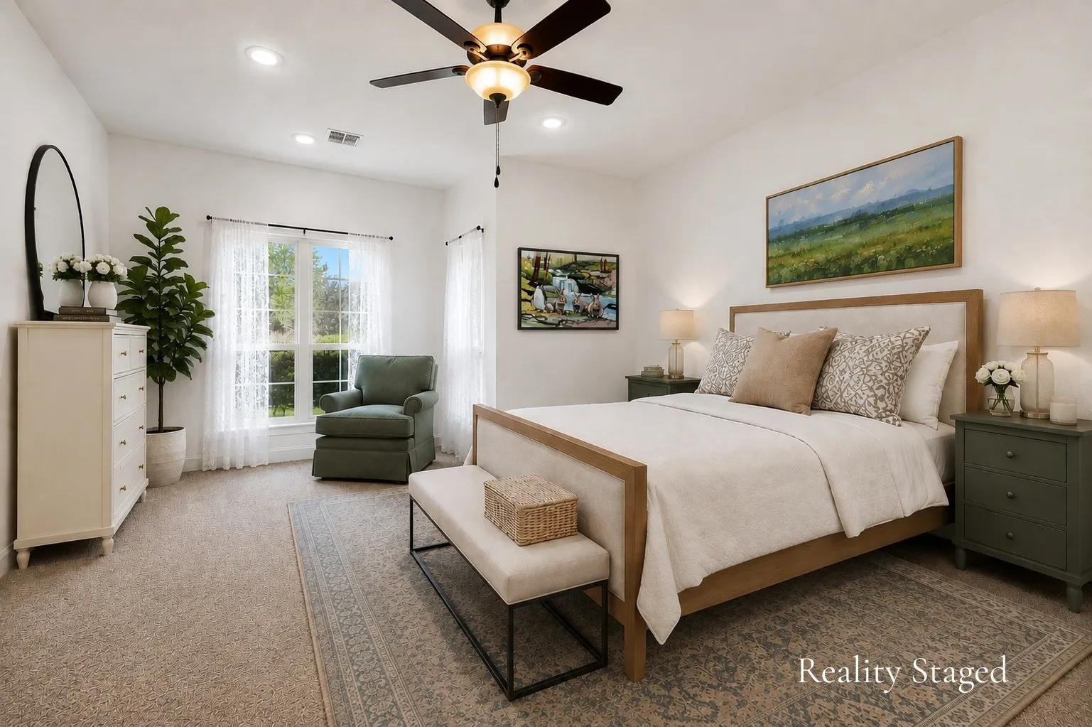 Retreat to a light-filled primary suite where tall windows frame relaxing views of the surrounding trees. Soft carpeting, recessed lighting, and a private en suite bath make this peaceful space a welcoming place to begin and end each day.