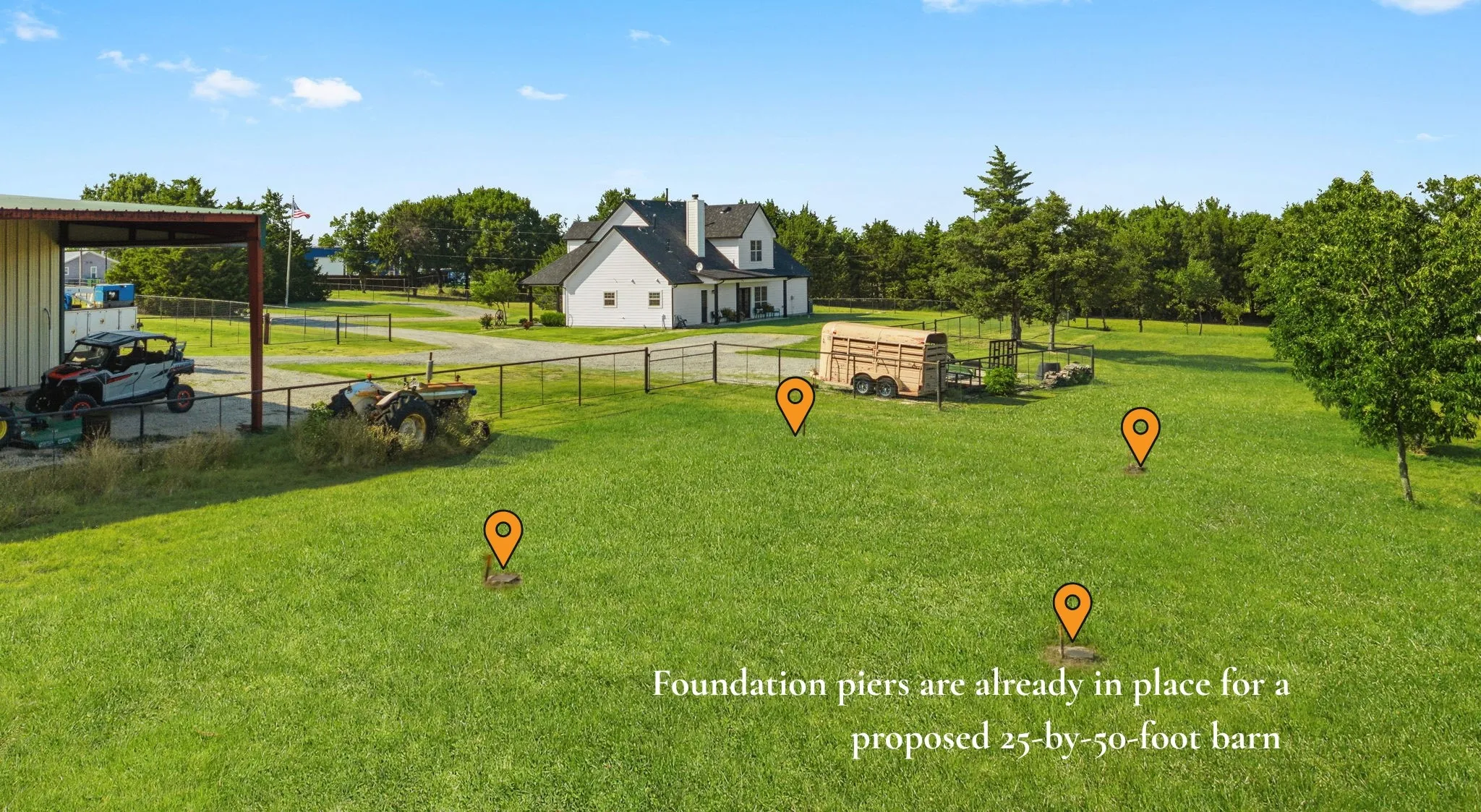 Foundation piers are already in place for a proposed 25-by-50-foot barn beside the workshop, giving you a head start on creating additional space for equipment, hobbies, or your country-living plans.