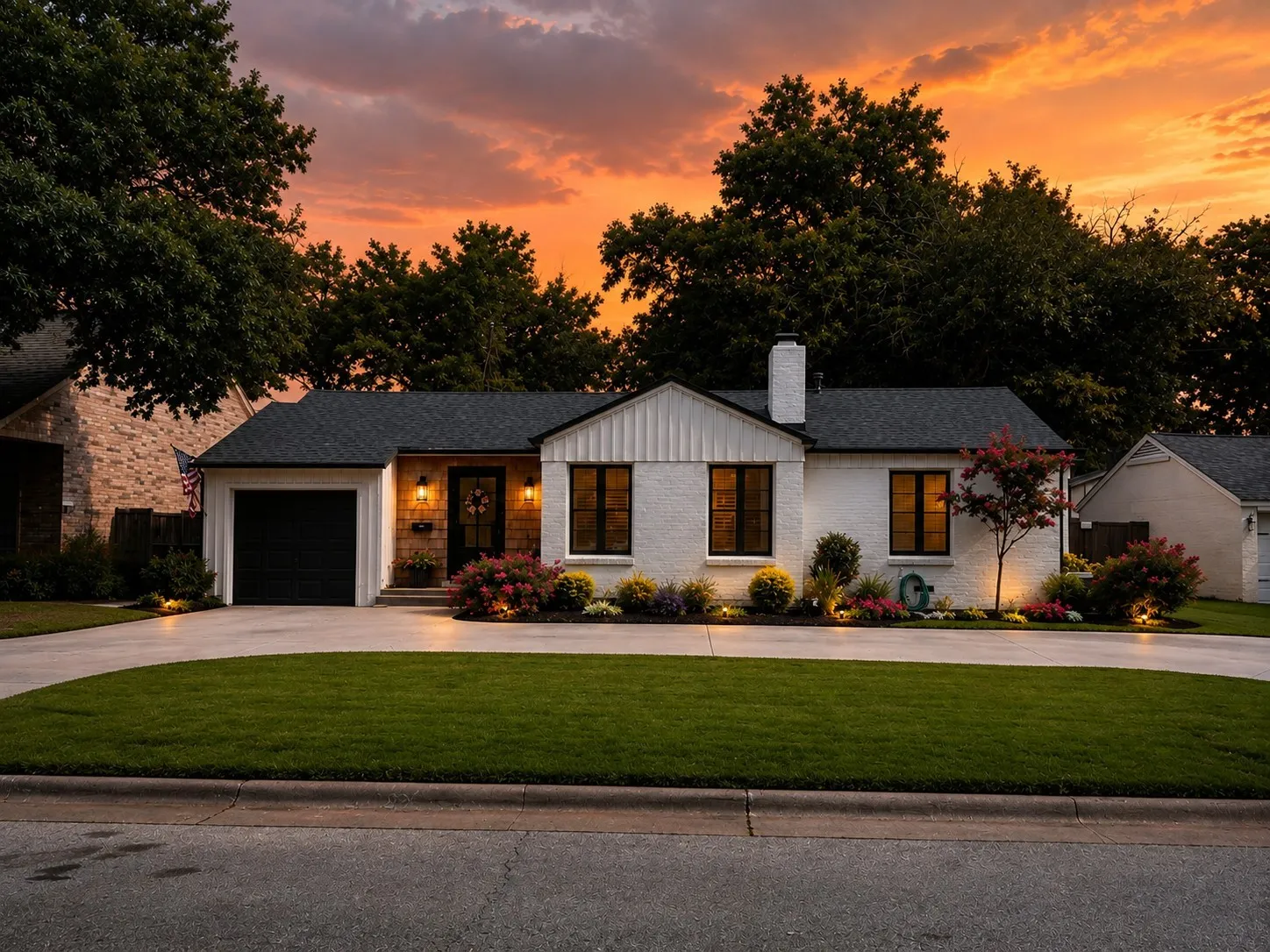 White brick exterior with black trim windows