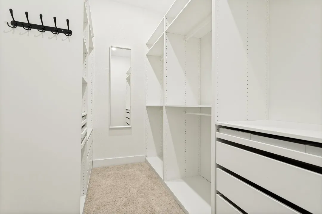 Walk-in closet featuring built-in shelving, integrated drawers, a full-length mirror, and carpet flooring