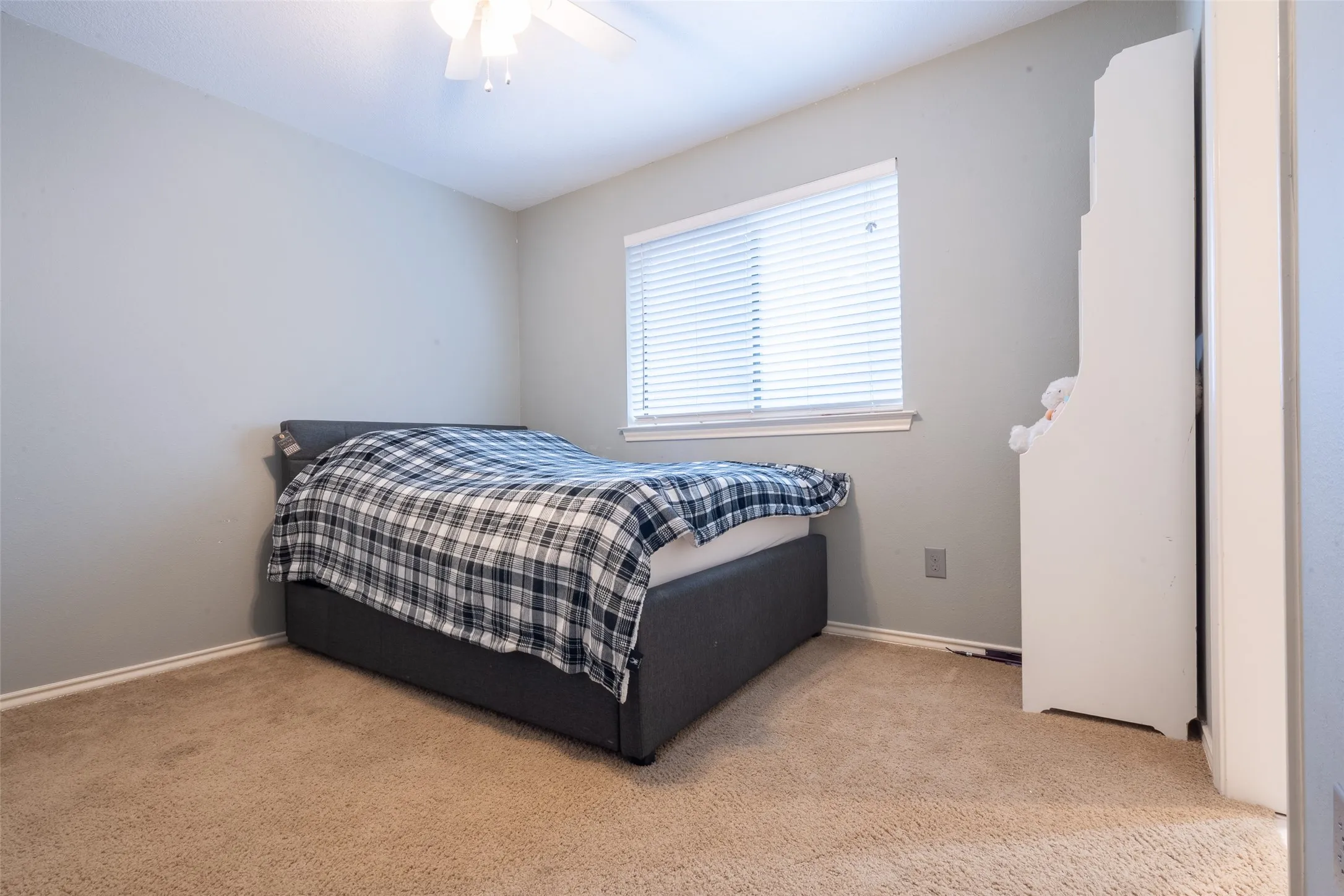 Carpeted interior with light gray walls, white trim, a double-hung window with blinds, and a ceiling fan with light fixture