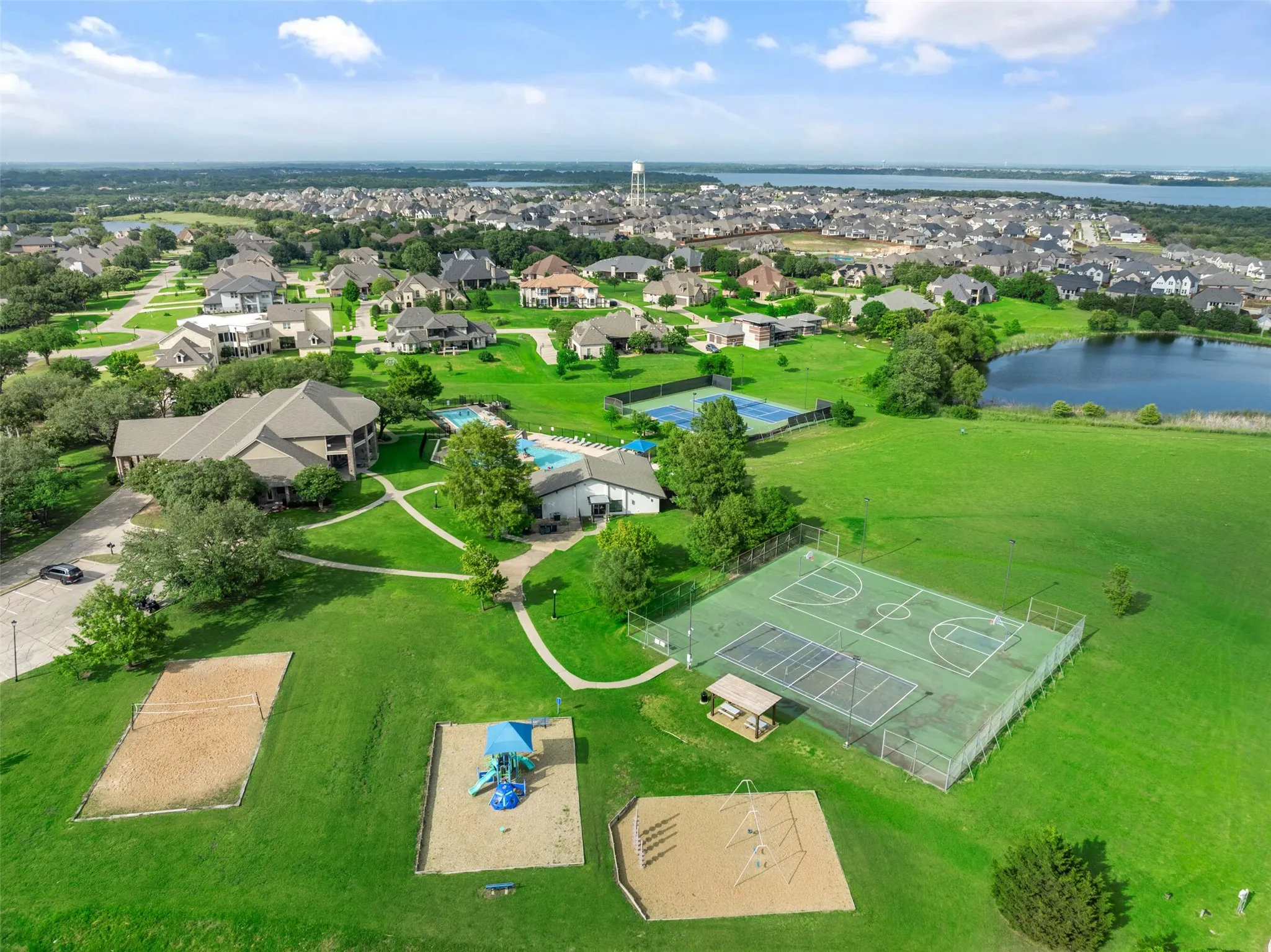 Aerial view of residential area with a large body of water