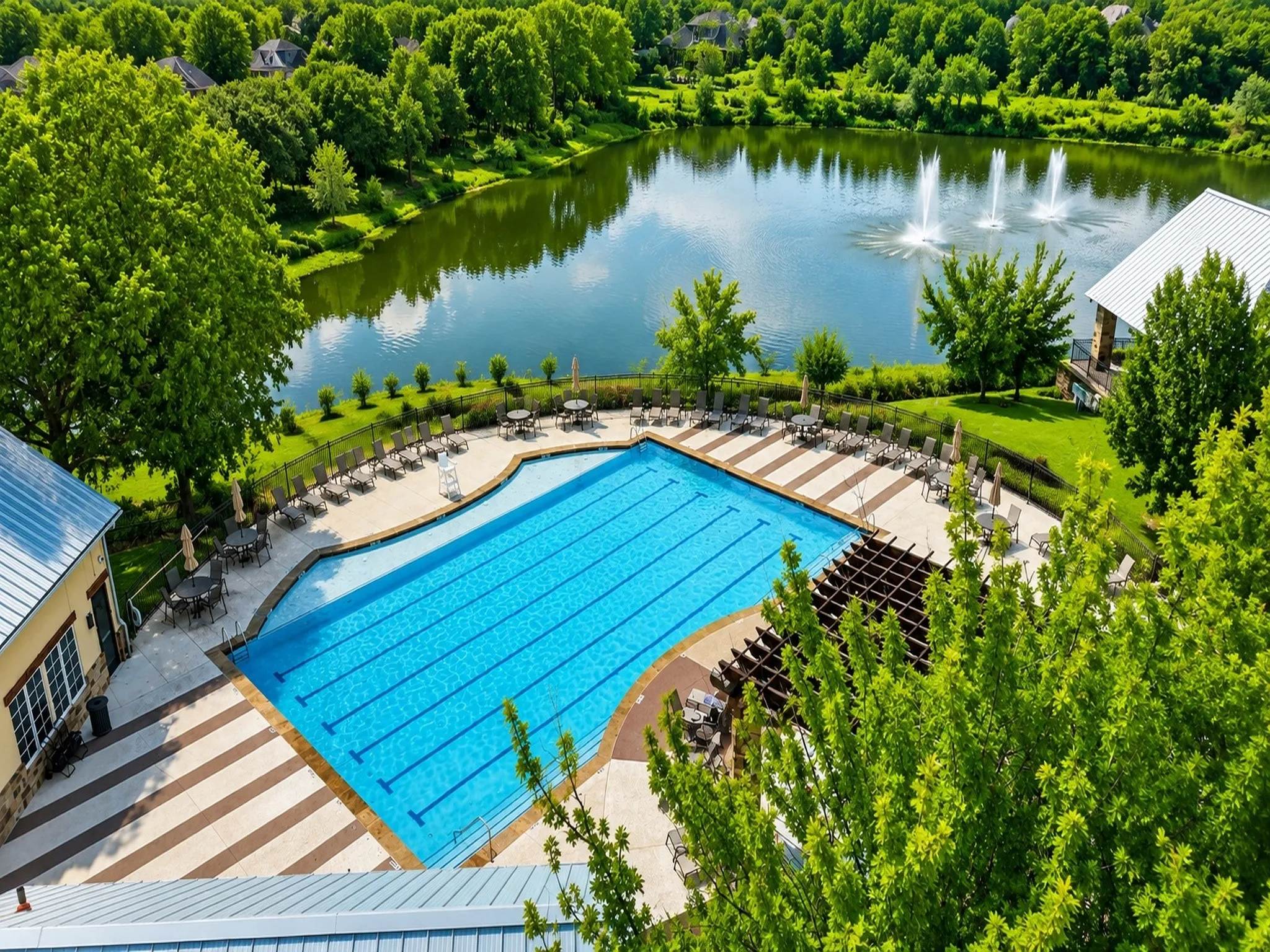Swimming pool with lap lanes and ample surrounding lounge space