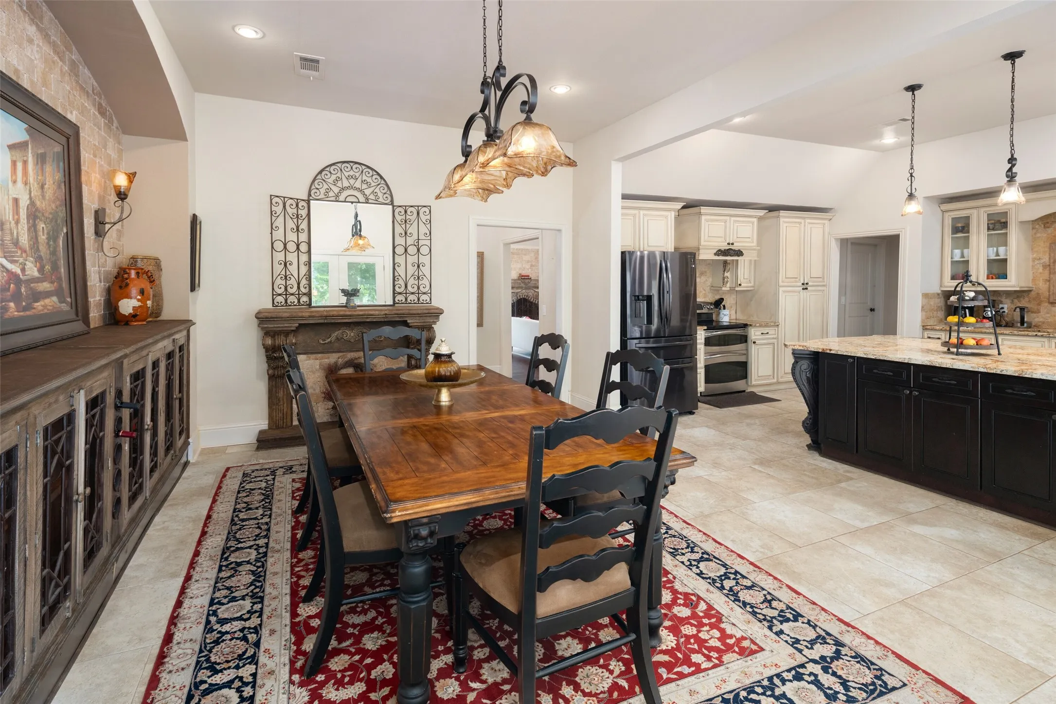 Dining room with recessed lighting, light tile patterned flooring, and vaulted ceiling