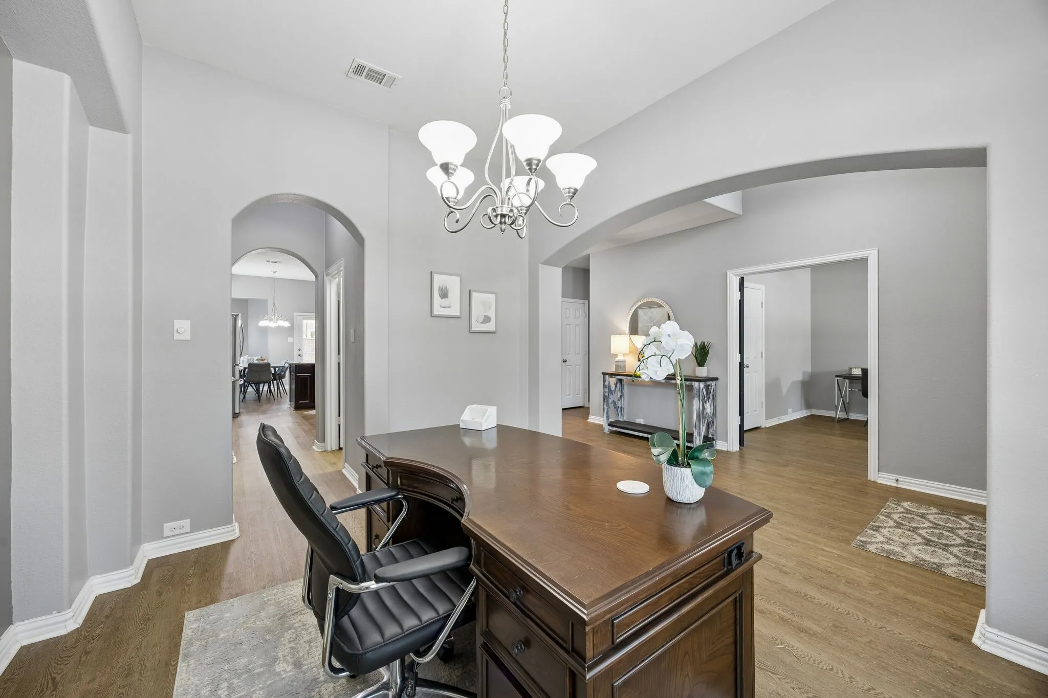 Formal dining staged as office