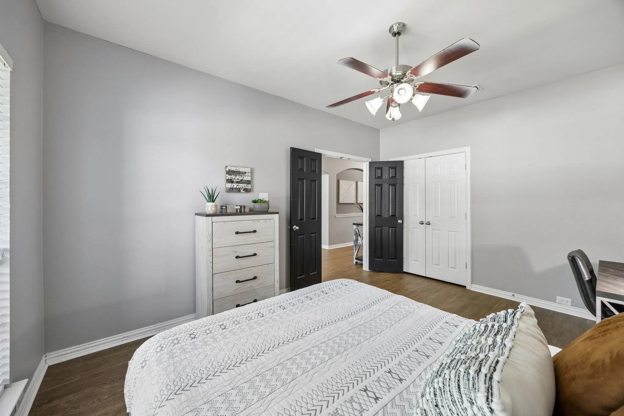 Staged as a bedroom but can also be used as an office.