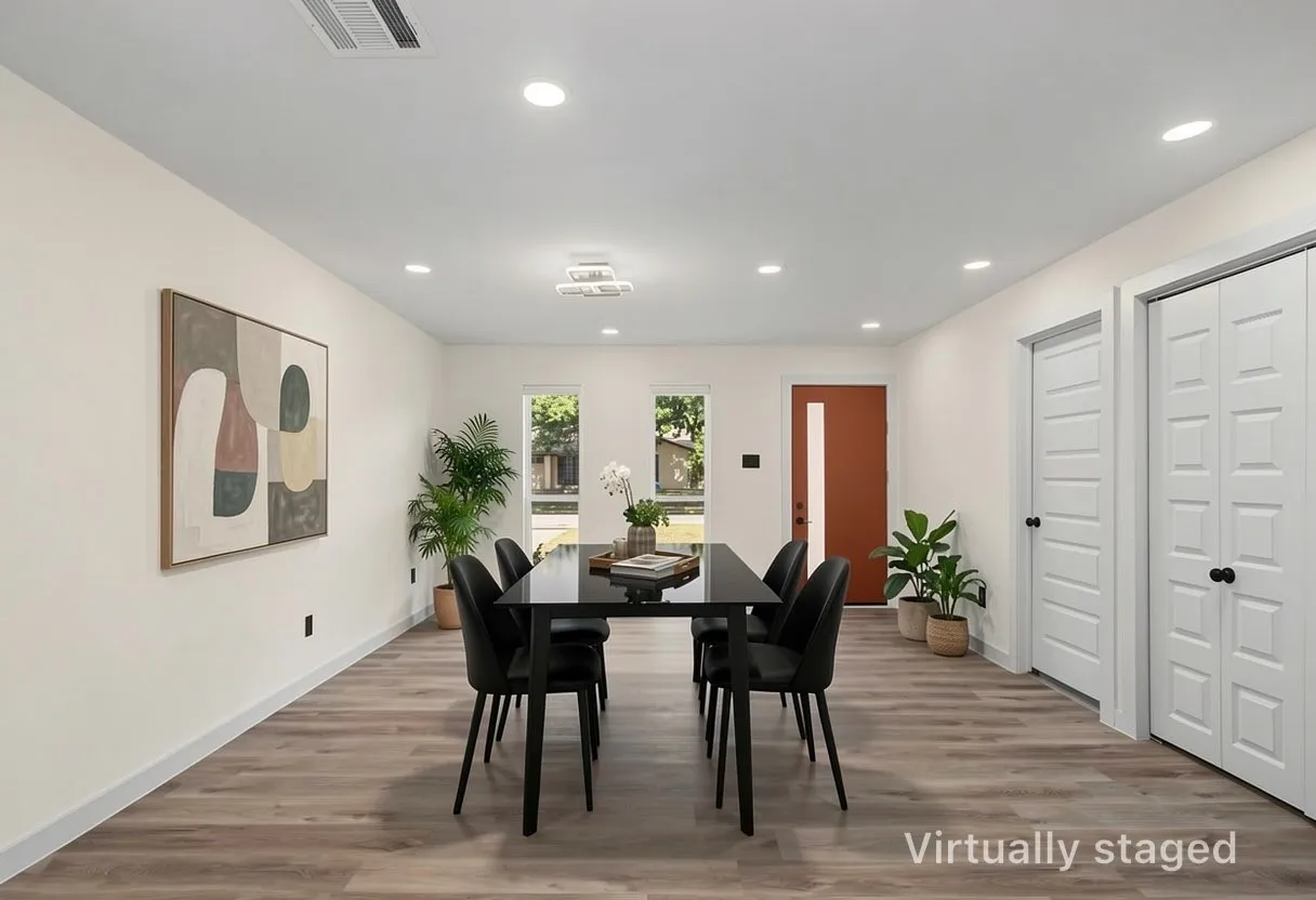 Open-concept dining area featuring wood-finish flooring, recessed lighting, and a modern light fixture