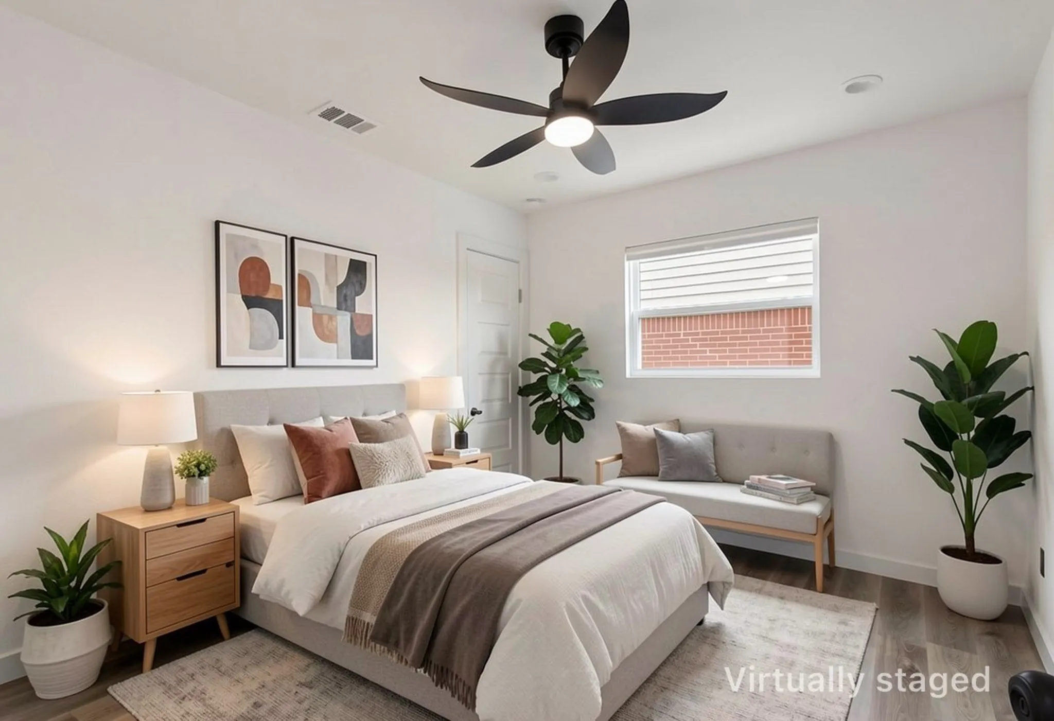 Spacious bedroom featuring light wood-finish flooring, a contemporary ceiling fan with integrated lighting, and a window with horizontal blinds