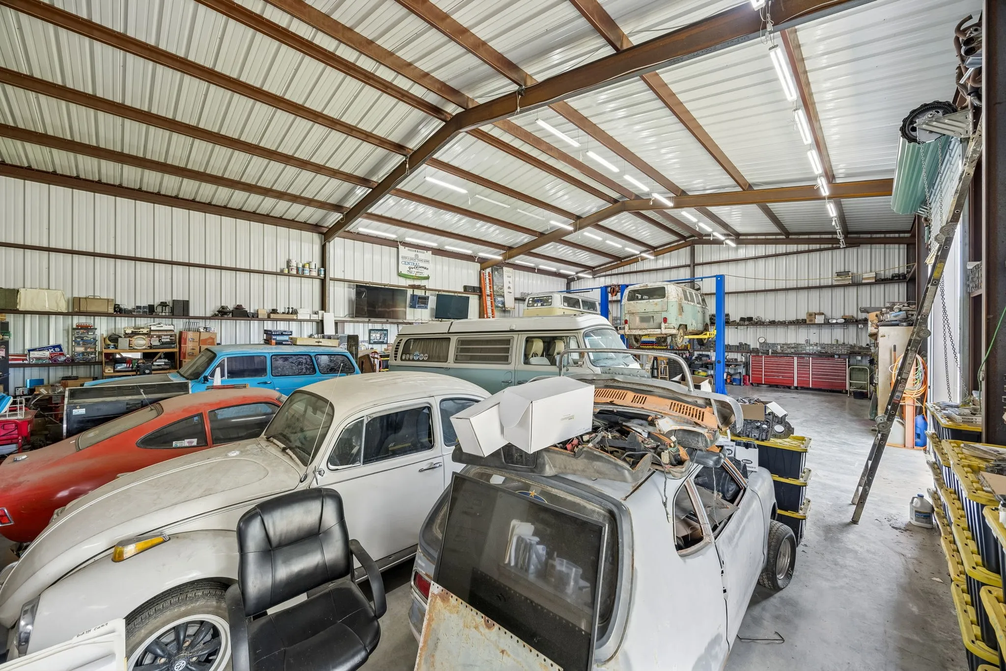 Spacious metal building with a durable corrugated metal roof and exposed steel beams
