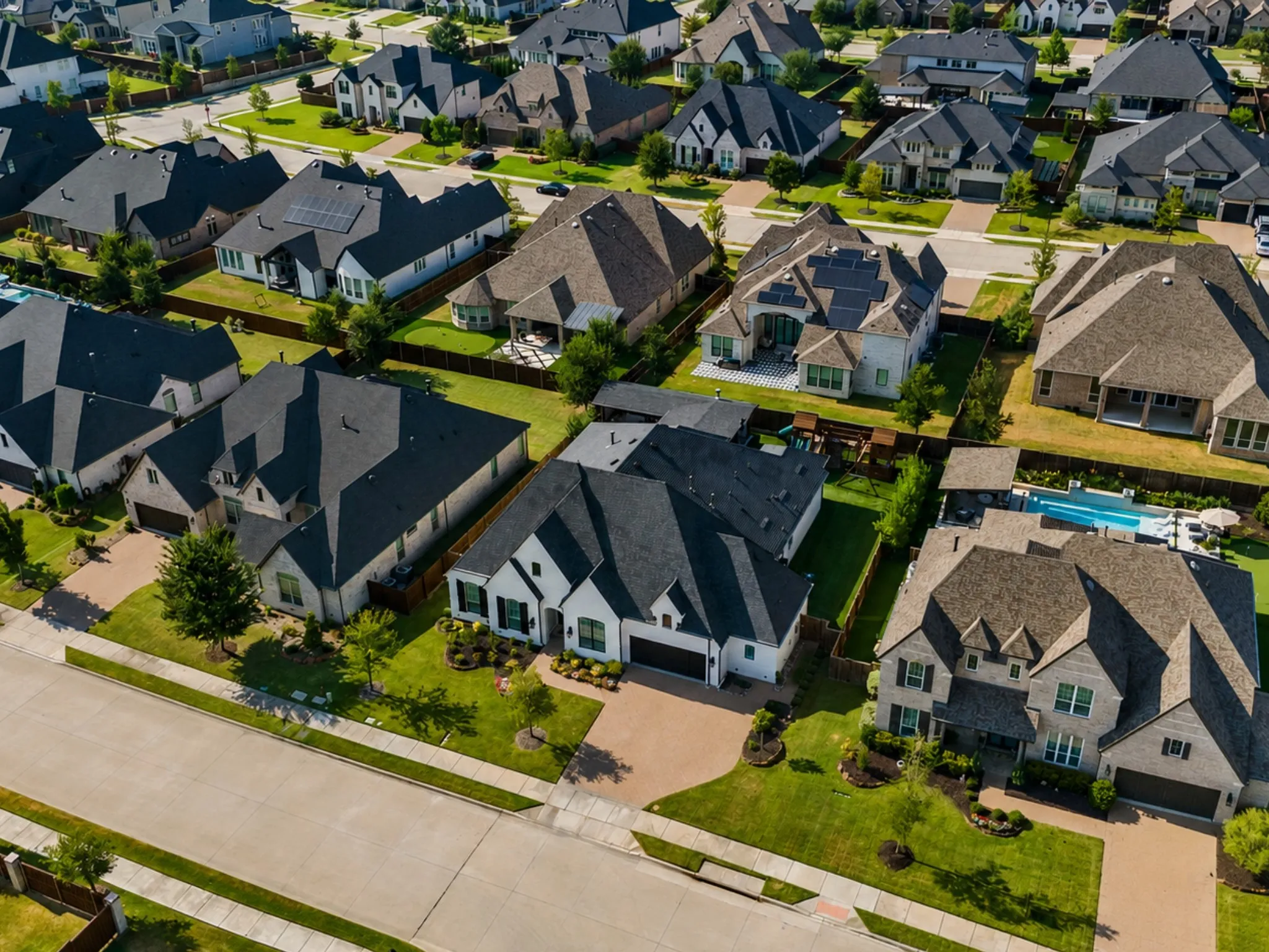 Expansive neighborhood setting featuring a variety of architectural styles, manicured lawns, and mature landscaping