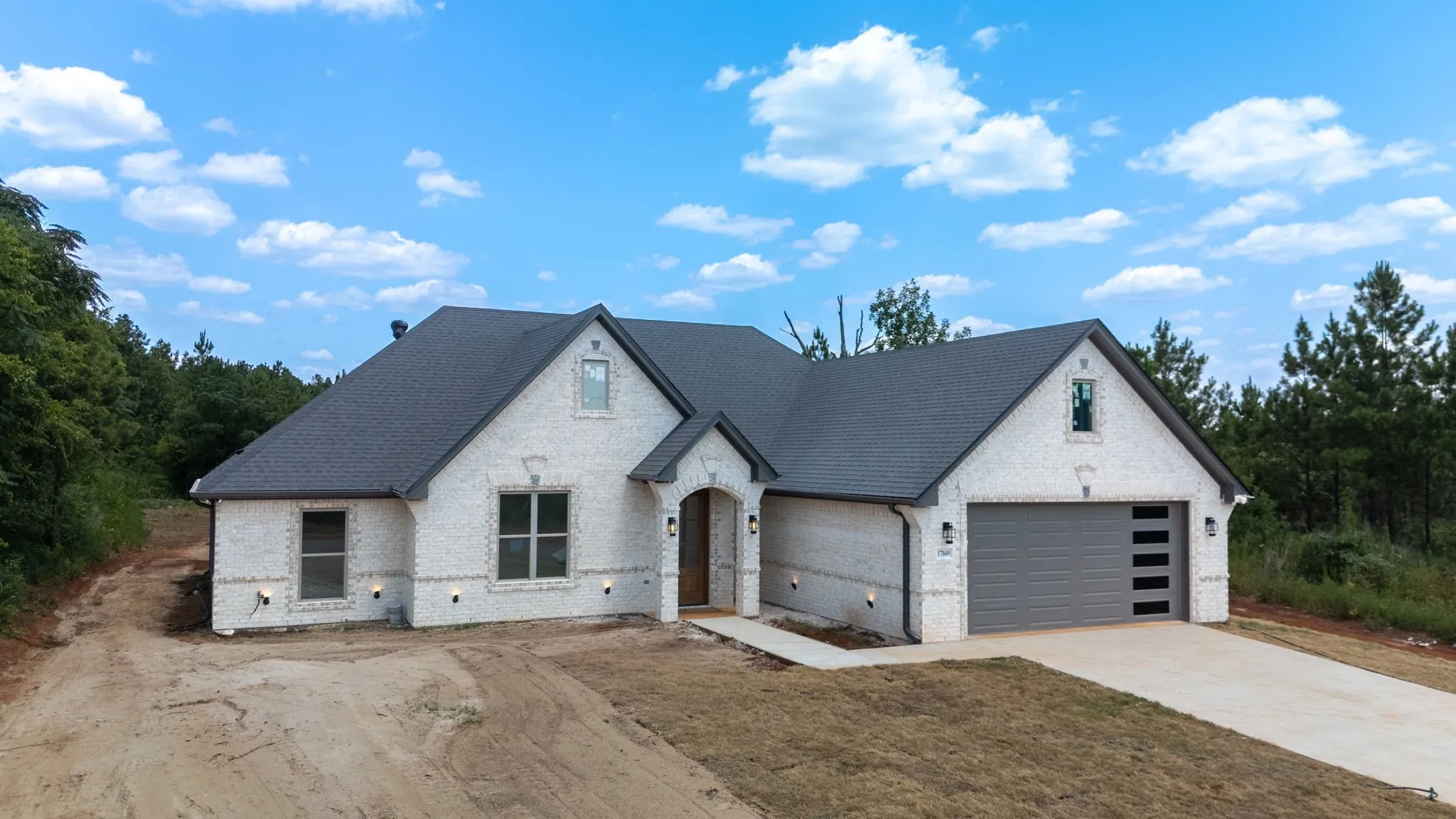 White brick exterior with dark shingle roof, arched entry, concrete driveway, and a modern garage door with frosted panels