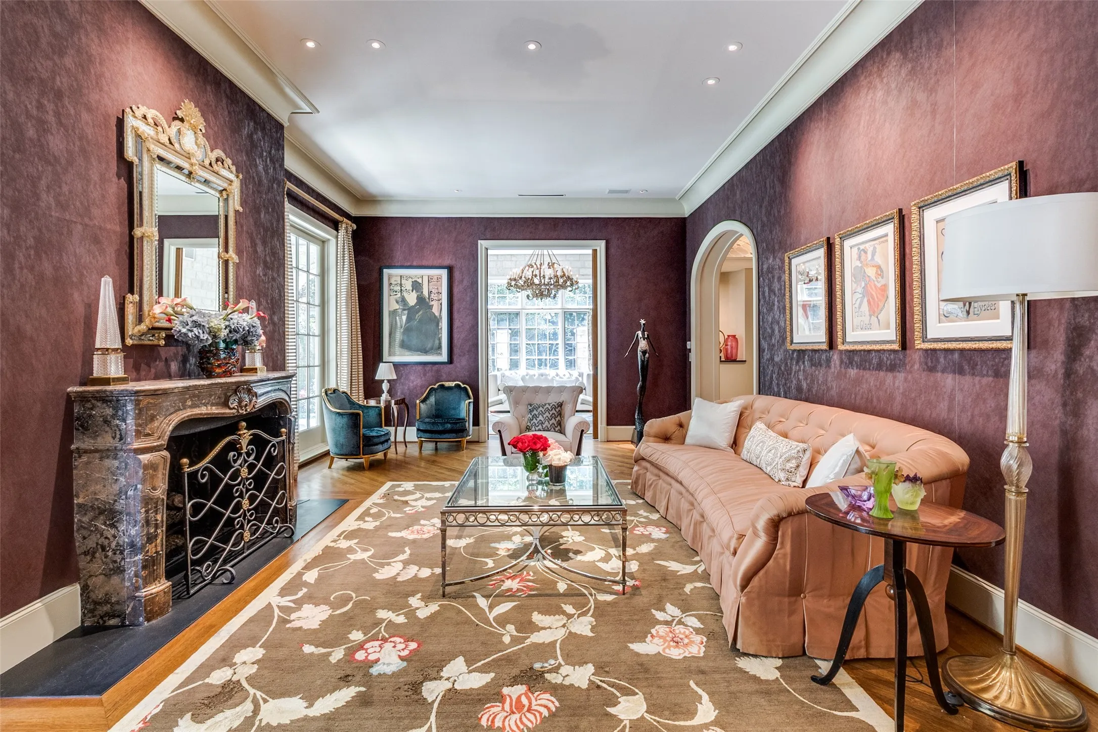 Gracious Living Room with Custom Molding and Fireplace