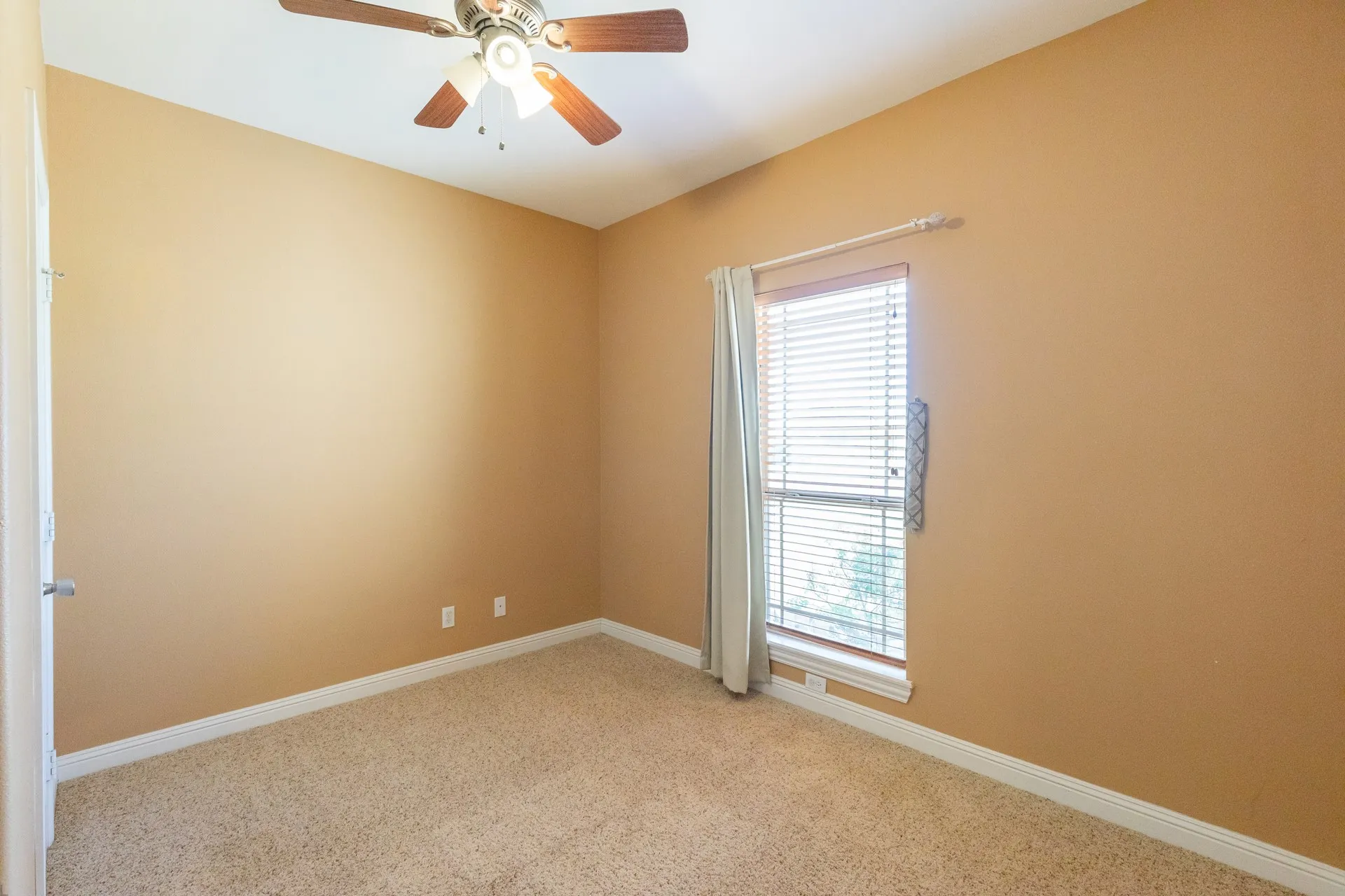 Spacious bedroom with warm, neutral wall finishes, neutral carpet flooring, and abundant natural light from a sliding glass door with plantation shutters