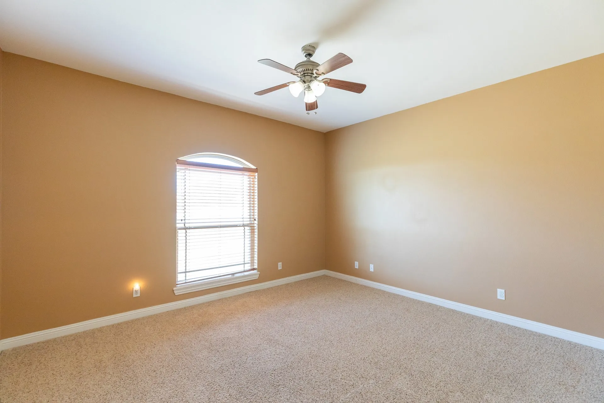 Spacious bedroom with neutral wall finishes, plush carpeting, and abundant natural light from an arched window