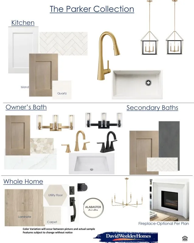 Interior Design Specification Sheet. The Parker Collection presenting finishes and fixtures for kitchen, owner's bath, secondary baths, and whole home selections, including cabinetry, hardware, countertops, flooring, lighting, and fireplace options, prepared by David Weekley Homes