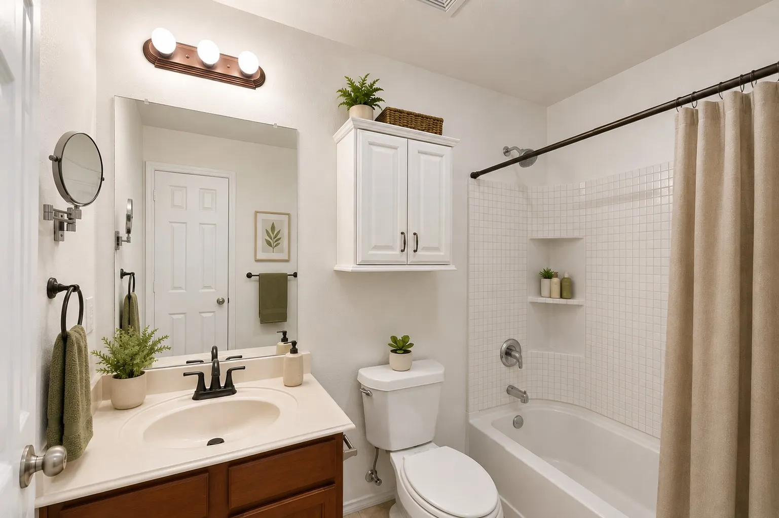 Virtually Staged -Bathroom featuring a wood-finish vanity with an integrated sink, black-finish faucet, and a wall-mounted mirror