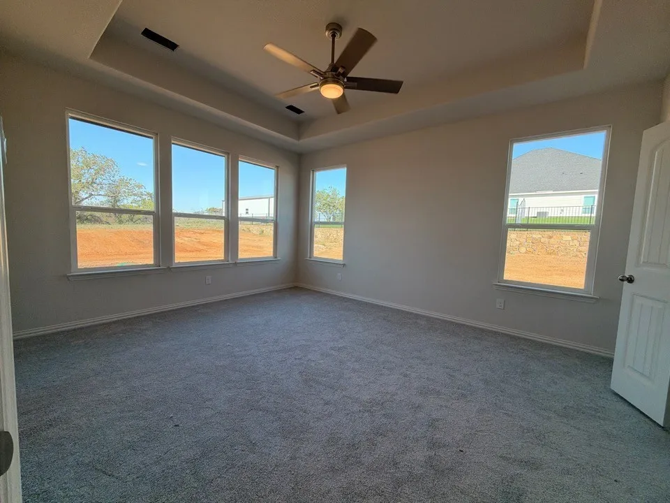 Tray ceiling with integrated ceiling fan, light gray carpeting, and multiple windows with white trim
