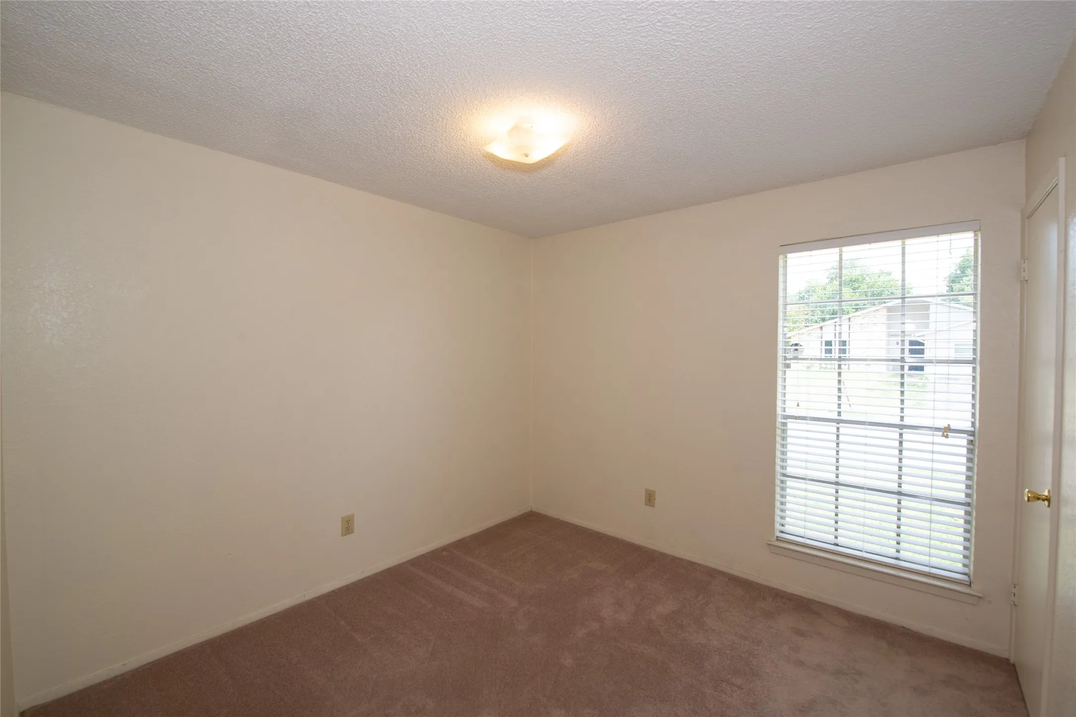 Carpeted room featuring a single window with blinds, a flush mount ceiling light, and neutral-toned walls