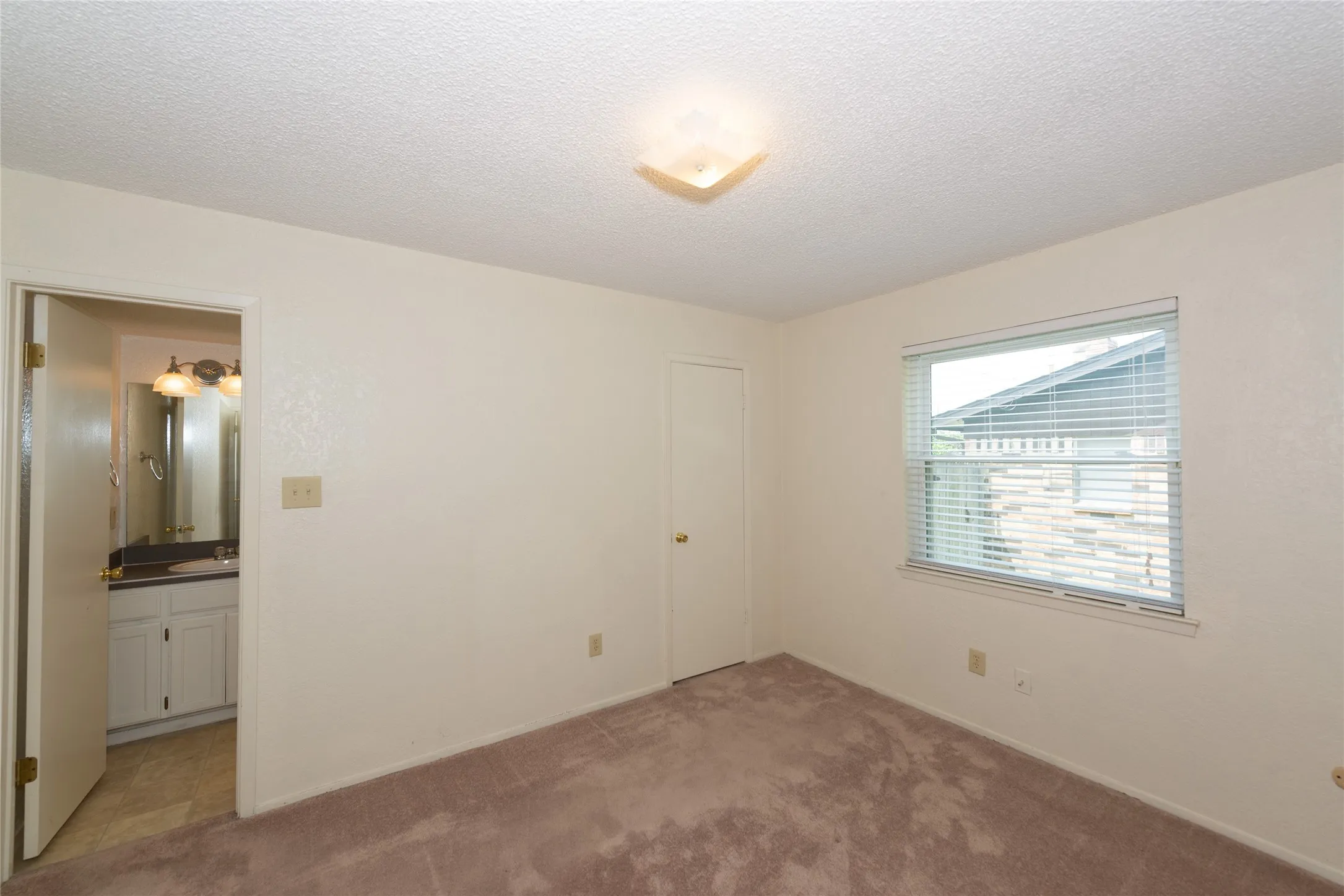 Carpeted room with a window featuring blinds, a ceiling-mounted light fixture, and a door leading to a bathroom with a vanity and mirror
