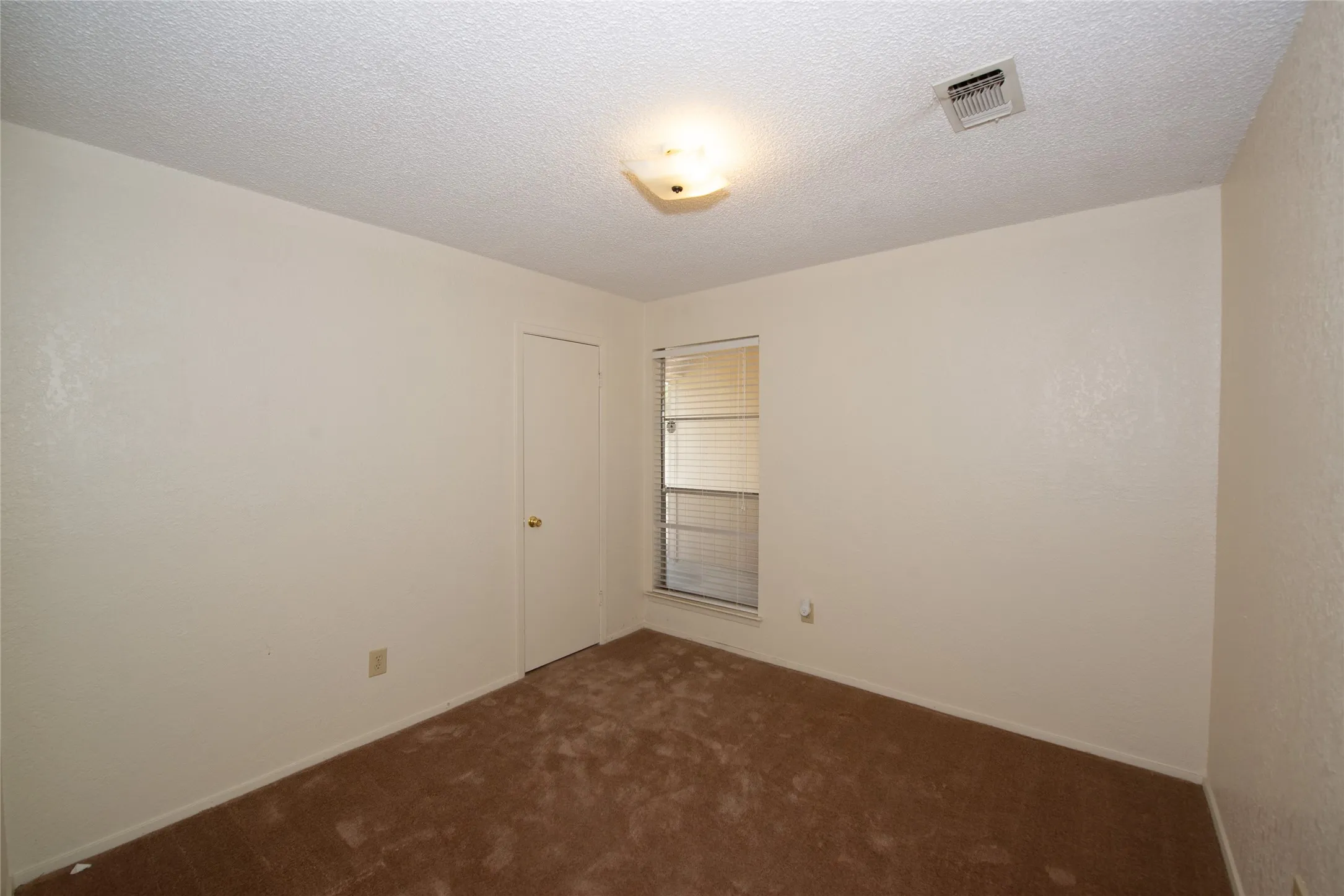 Textured walls, brown carpet flooring, and a single window with horizontal blinds