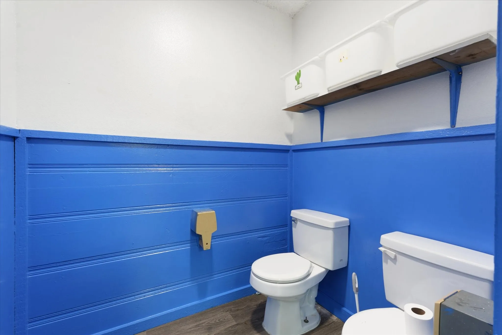 Bathroom featuring vibrant blue wainscoting with horizontal panel detailing, white upper walls, and wood-finish flooring
