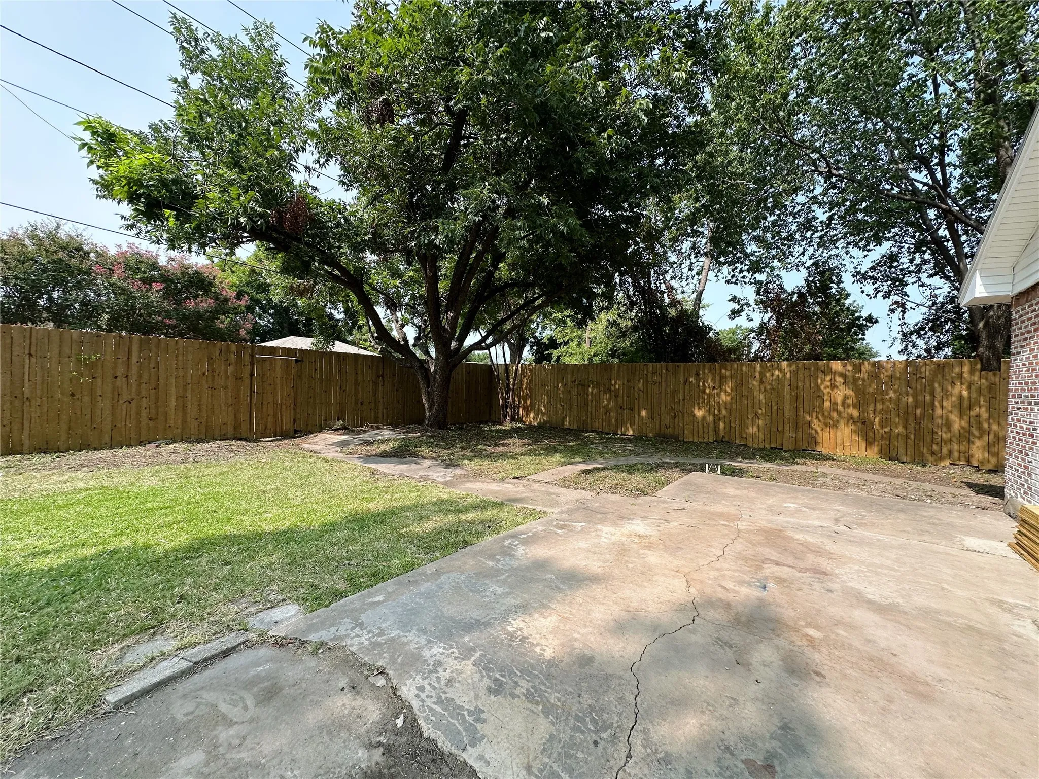 Expansive outdoor space featuring a large tree, a privacy fence, a concrete patio, and a grass lawn