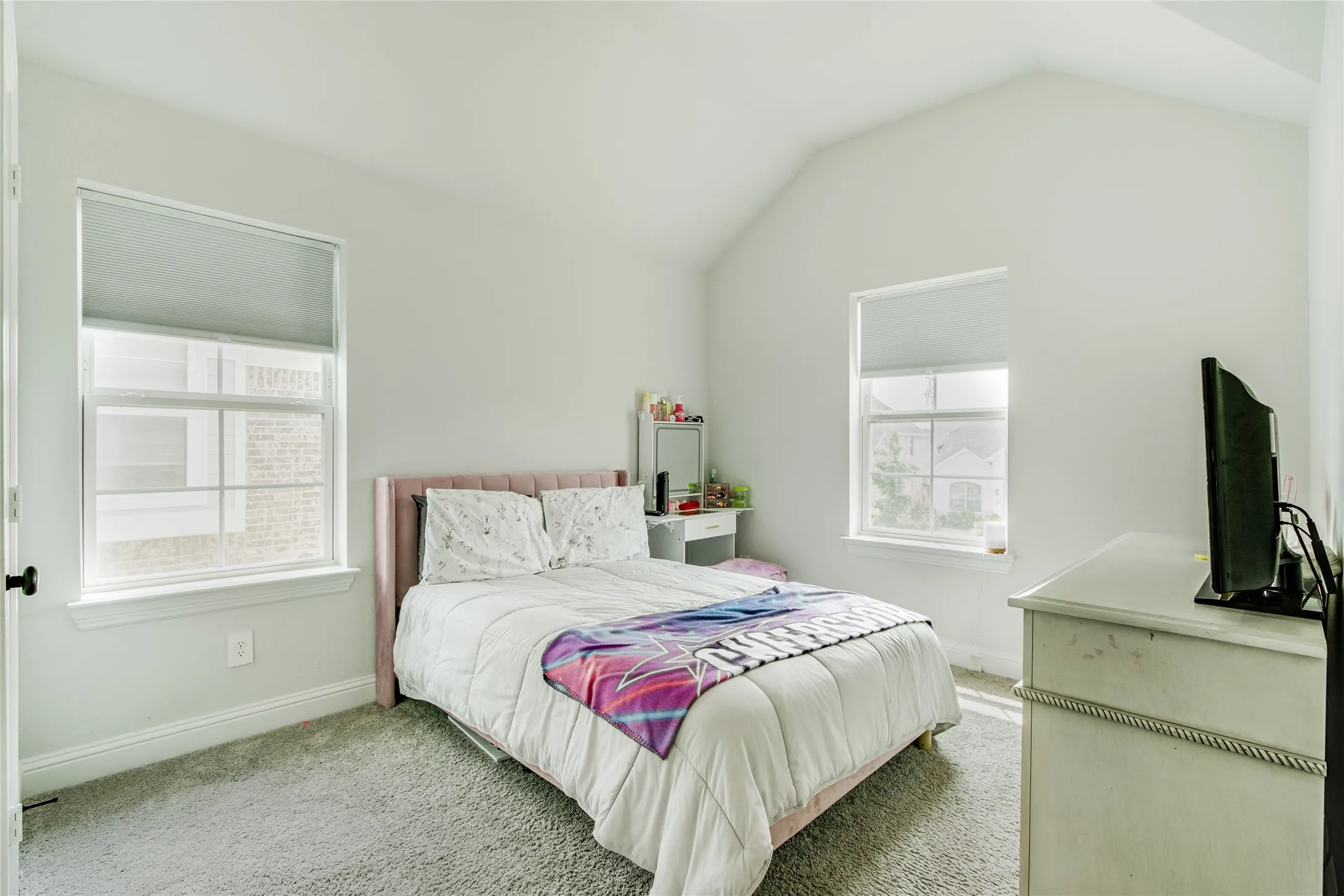 Vaulted ceiling, two windows with roller shades, light grey carpeting, and white painted walls