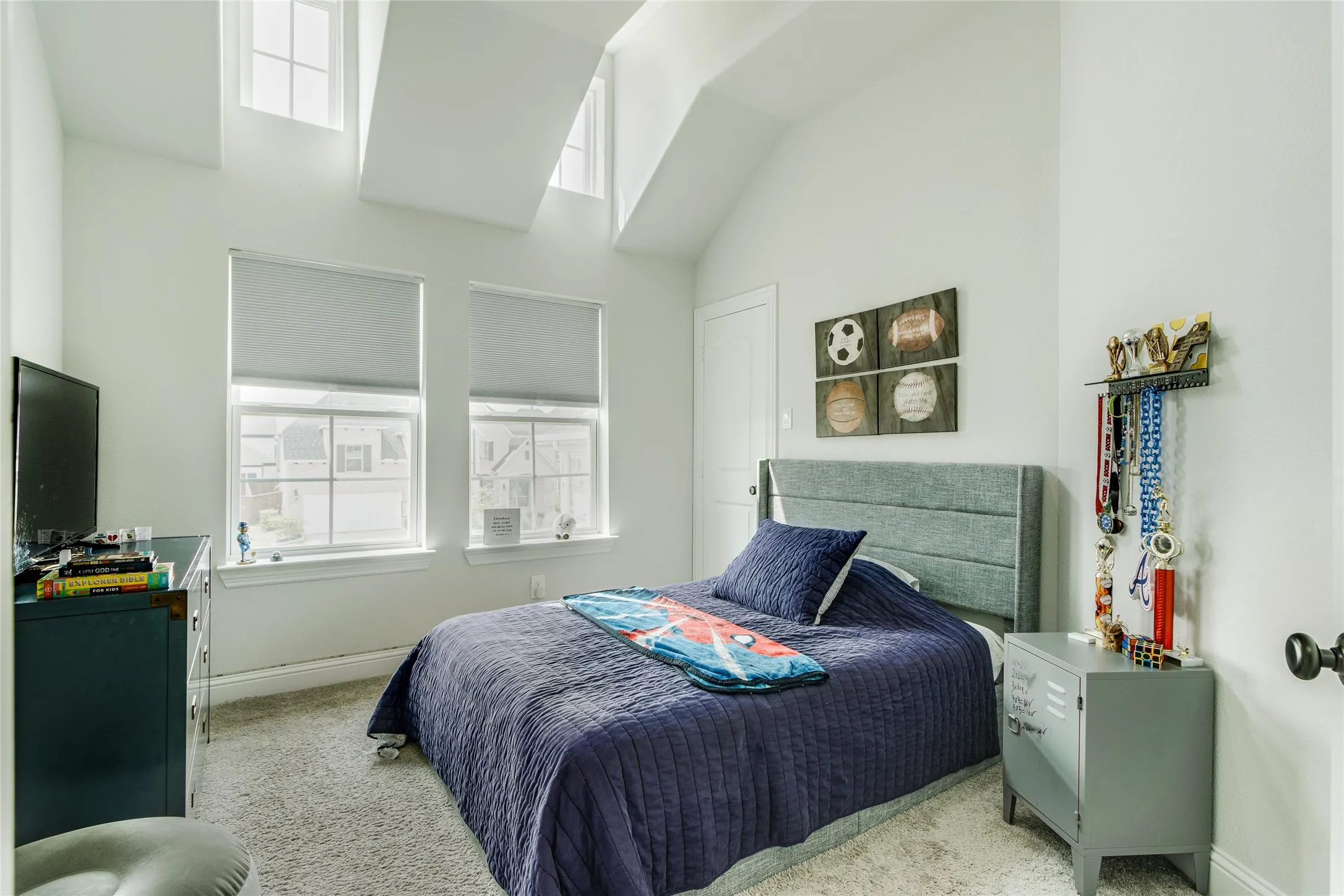 Vaulted ceiling with multiple windows, two large windows with roller shades, light grey carpet, and a white paneled door