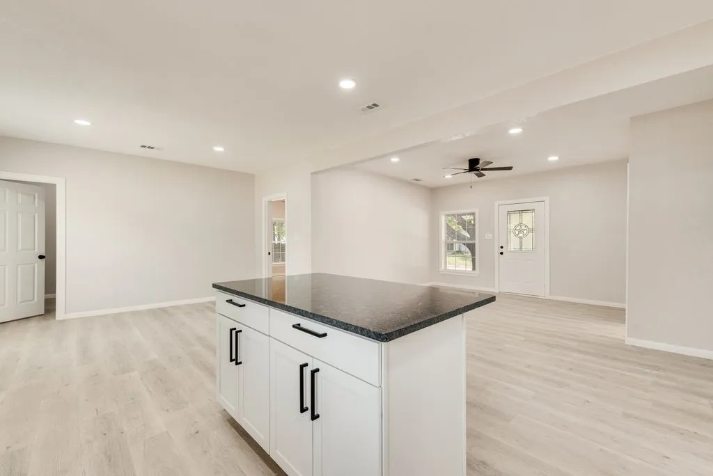Open-concept kitchen and living area featuring a large center island with dark stone countertop and white cabinetry with black hardware, light wood-finish flooring throughout, recessed ceiling lighting, ceiling fan, and multiple glass-panel doors providing natural light