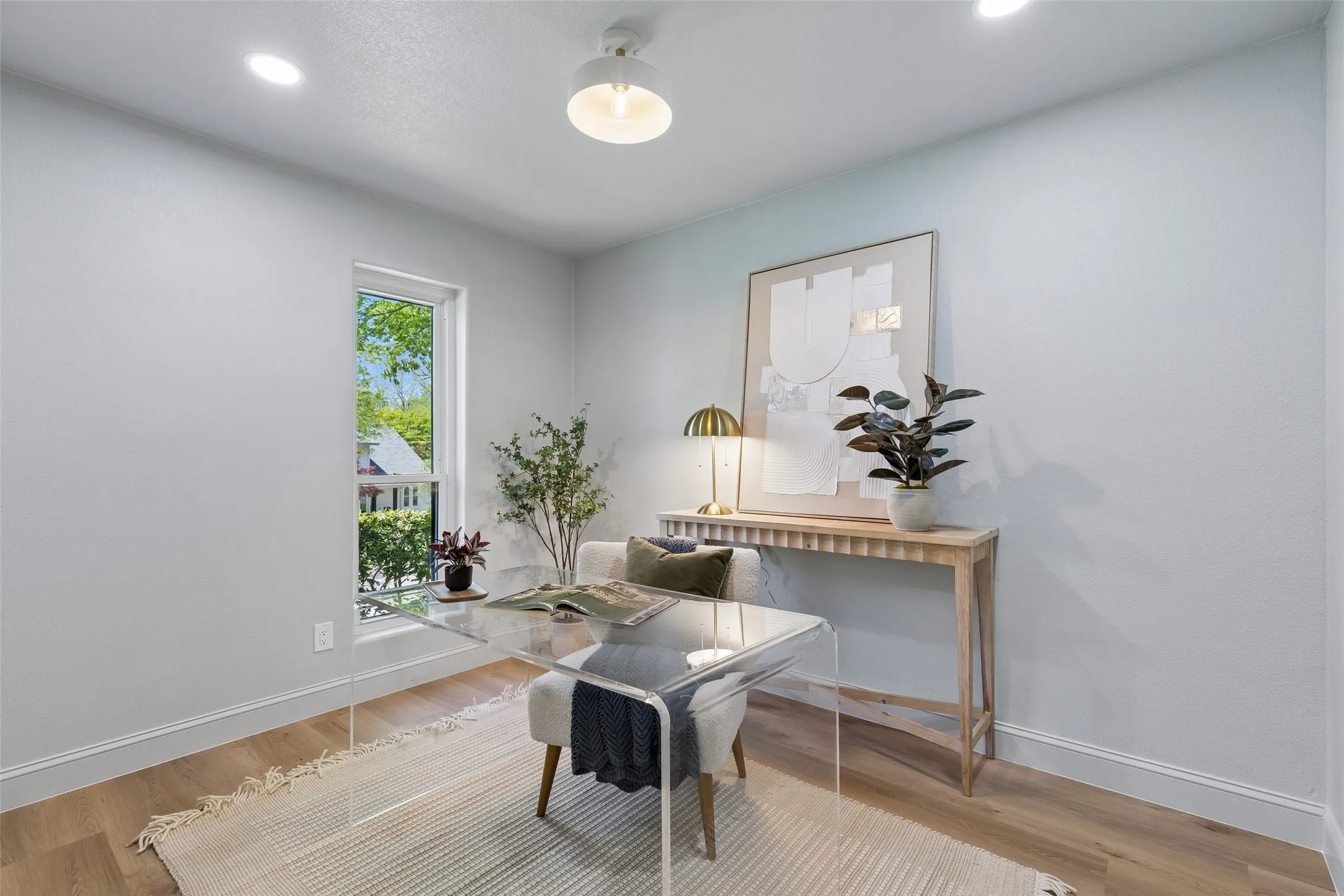 Recessed lighting, wood-finish flooring, single window, baseboard molding, and a flush mount ceiling fixture