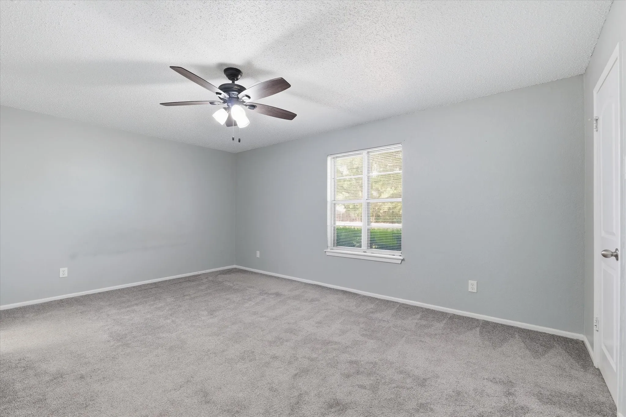 Spacious bedroom featuring neutral wall finishes, plush carpeting, ceiling fan with integrated lighting, and dual windows offering natural light