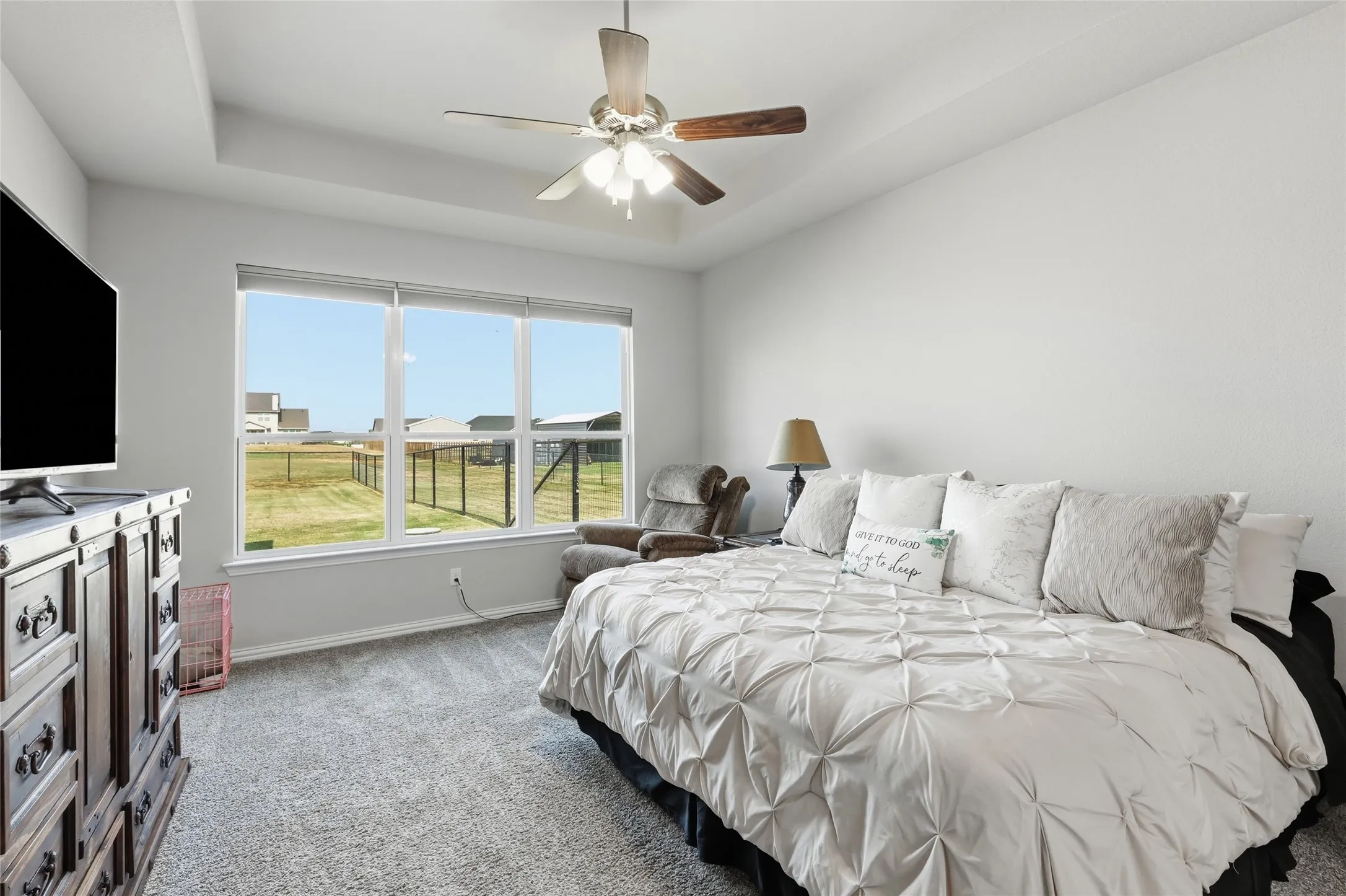Tray ceiling, neutral wall tones, large window unit, ceiling fan, and carpeted flooring